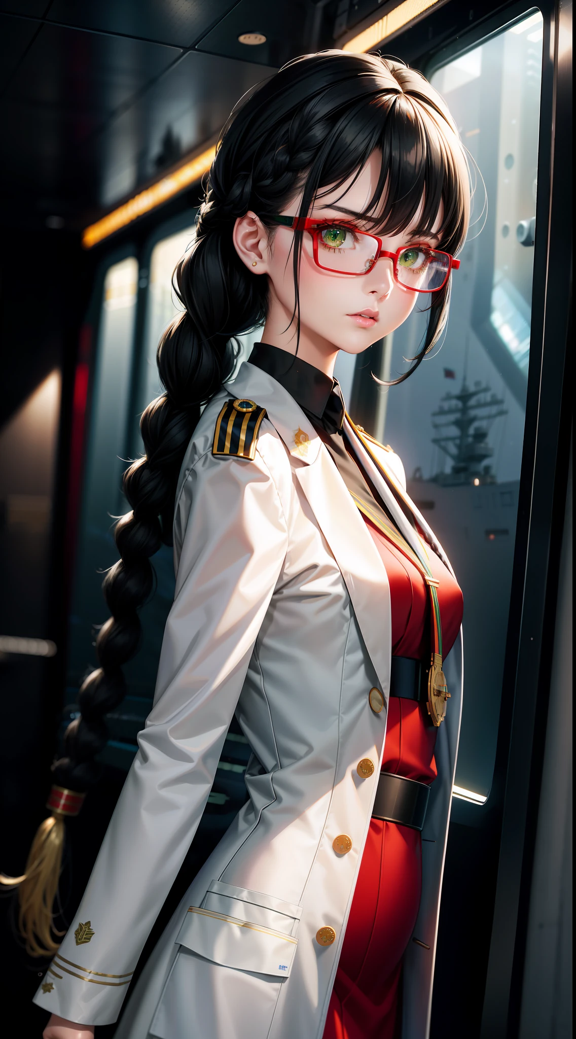 high definition,woman,small size,black hair,double braid hairstyle,bang bang,green eyes,red glasses,in formal dress,uniform,white coat,dark expression,warship,ship aircraft carrier, futuristic, science fiction, warplane, space, war