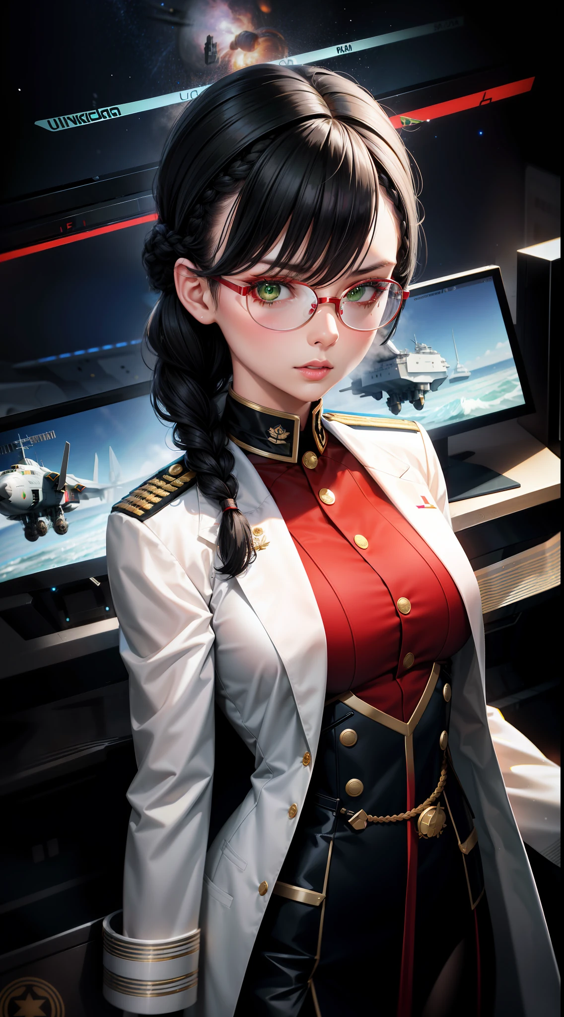 high definition,woman,small size,black hair,double braid hairstyle,bang bang,green eyes,red glasses,in formal dress,uniform,white coat,dark expression,warship,ship aircraft carrier, futuristic, science fiction, warplane, space, war