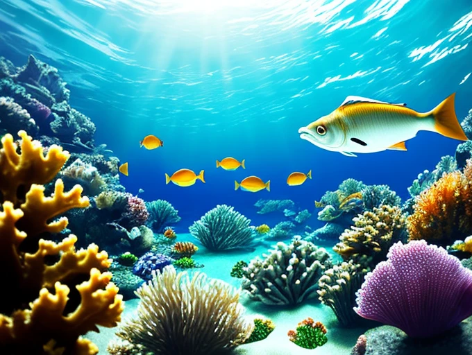 Submarine and a school of fish swimming below, view from below, shoal of fish, shoal of spinning silverfish, view from below, school of fish, surreal, school of fish, underwater landscape seabed, ocean, dream, cartoon, epic Fantasy concept with sea life, beautiful colorful light decorations, wide angle shot, 8k octane rendering, photorealistic, cinematic lighting, detailed architecture, detailed fish