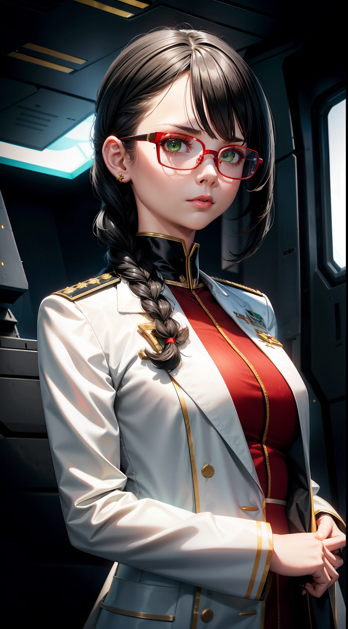 high definition,woman,small size,black hair,double braid hairstyle,bang bang,green eyes,red glasses,in formal dress,uniform,white coat,dark expression,warship,ship aircraft carrier, futuristic, science fiction, warplane, space, war