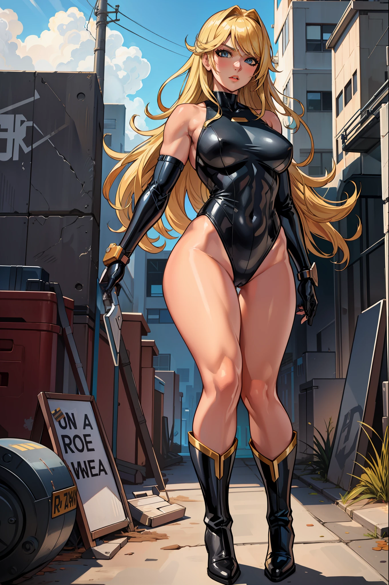 masterpiece, best quality, agrias, black leotard, looking at viewer, blonde hair, superhero, bare legs, hurricane polymer costume, boots, standing