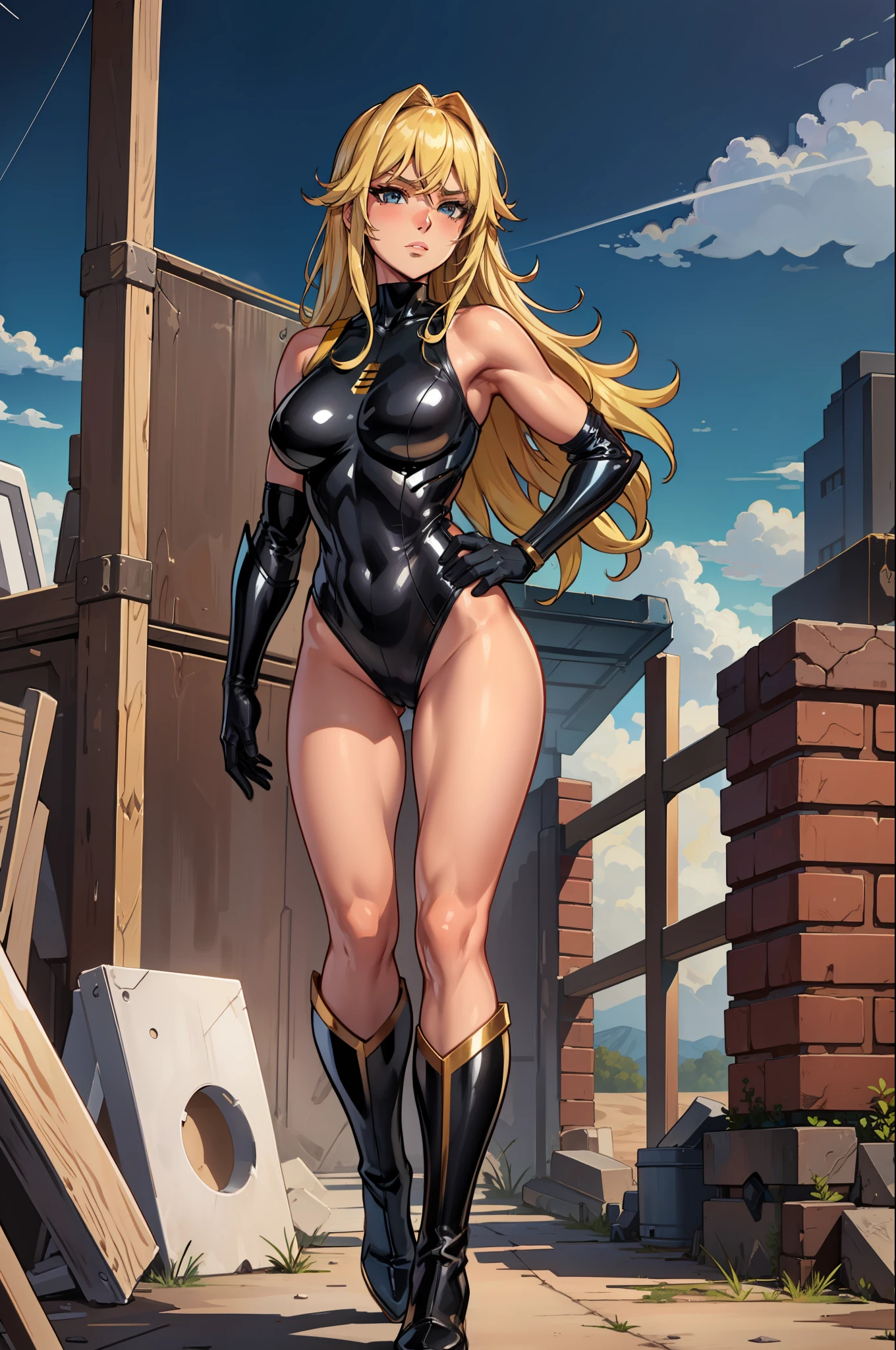 masterpiece, best quality, agrias, black leotard, looking at viewer, blonde hair, superhero, bare legs, hurricane polymer costume, boots, standing