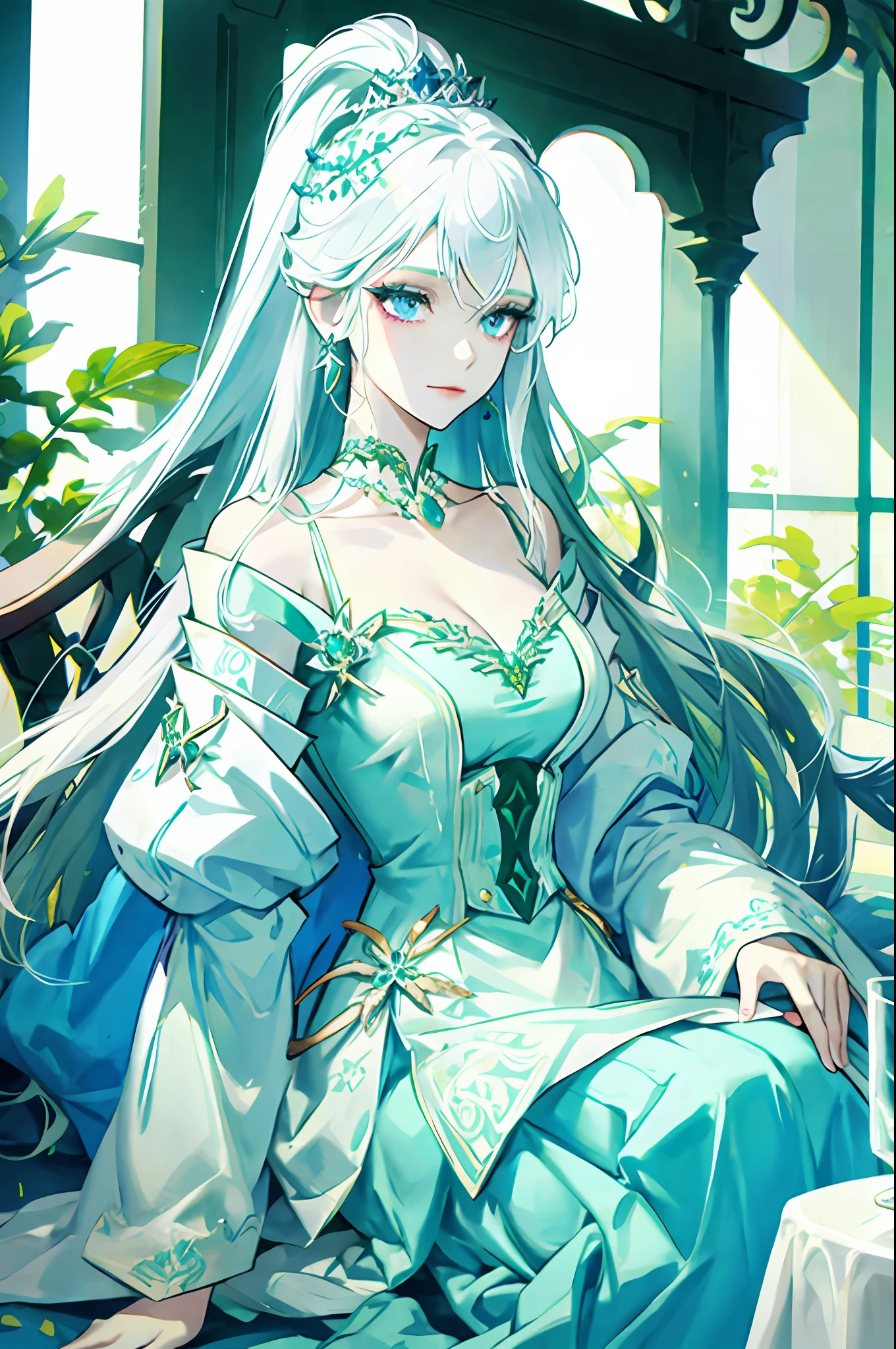 Woman with white hair, light blue eyes, royalty, princess, nobility, beautiful woman, detailed face, green dress, green jewelry
