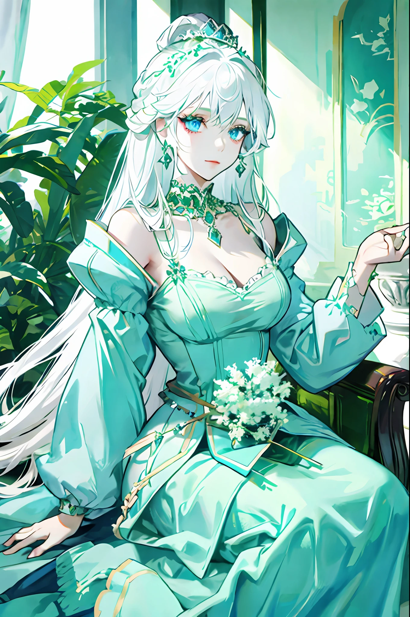 Woman with white hair, light blue eyes, royalty, princess, nobility, beautiful woman, detailed face, green dress, green jewelry