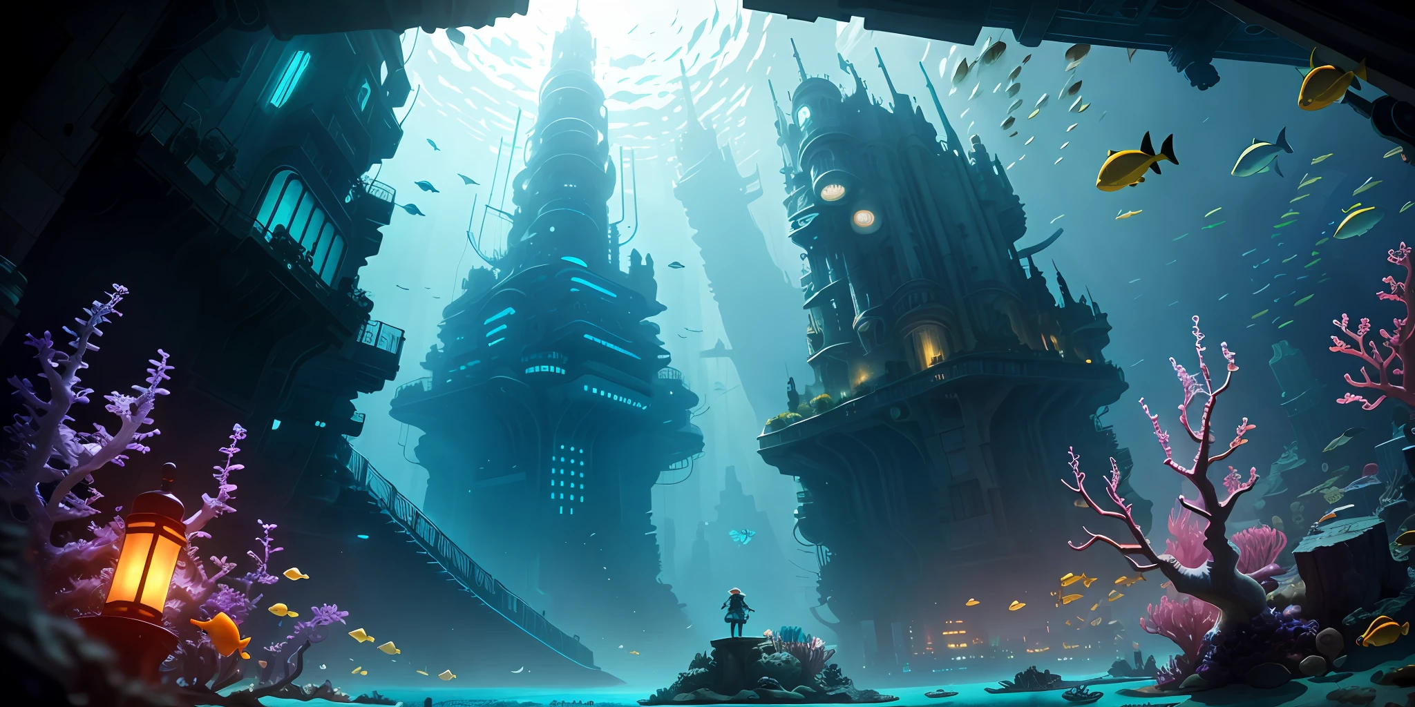 ((under the sea)), many fishes around the ocean, (cyberpunk), the city under the ocean, ((masterpiece)), magic ocean, scene, game, mysterious, hidden, fantastic, Atlantis,