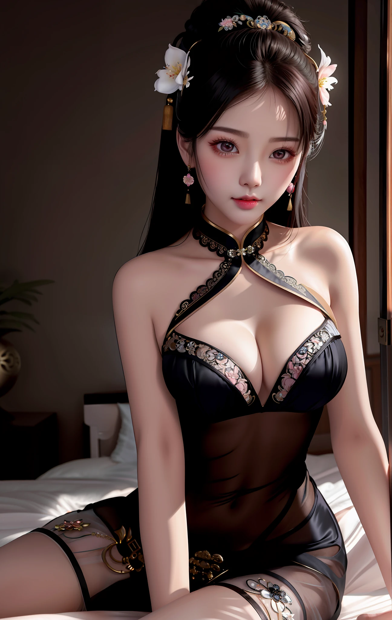 Sexy Chinese woman, exquisite and sexy collarbone, charming oval face, double eyelids, peach blossom eyes, pink lips, small nose, bare shoulders, big breasts, deep cleavage, focused face, face close-up, ultra-high-definition, super Details, full body shot, ultra-thin translucent, lying on the bed, legs split, casual sexy pose, extreme imagination, seductive, white gauze translucent nightgown, ultra-detailed, exposed breasts, ultra-sexy, extreme imagination
