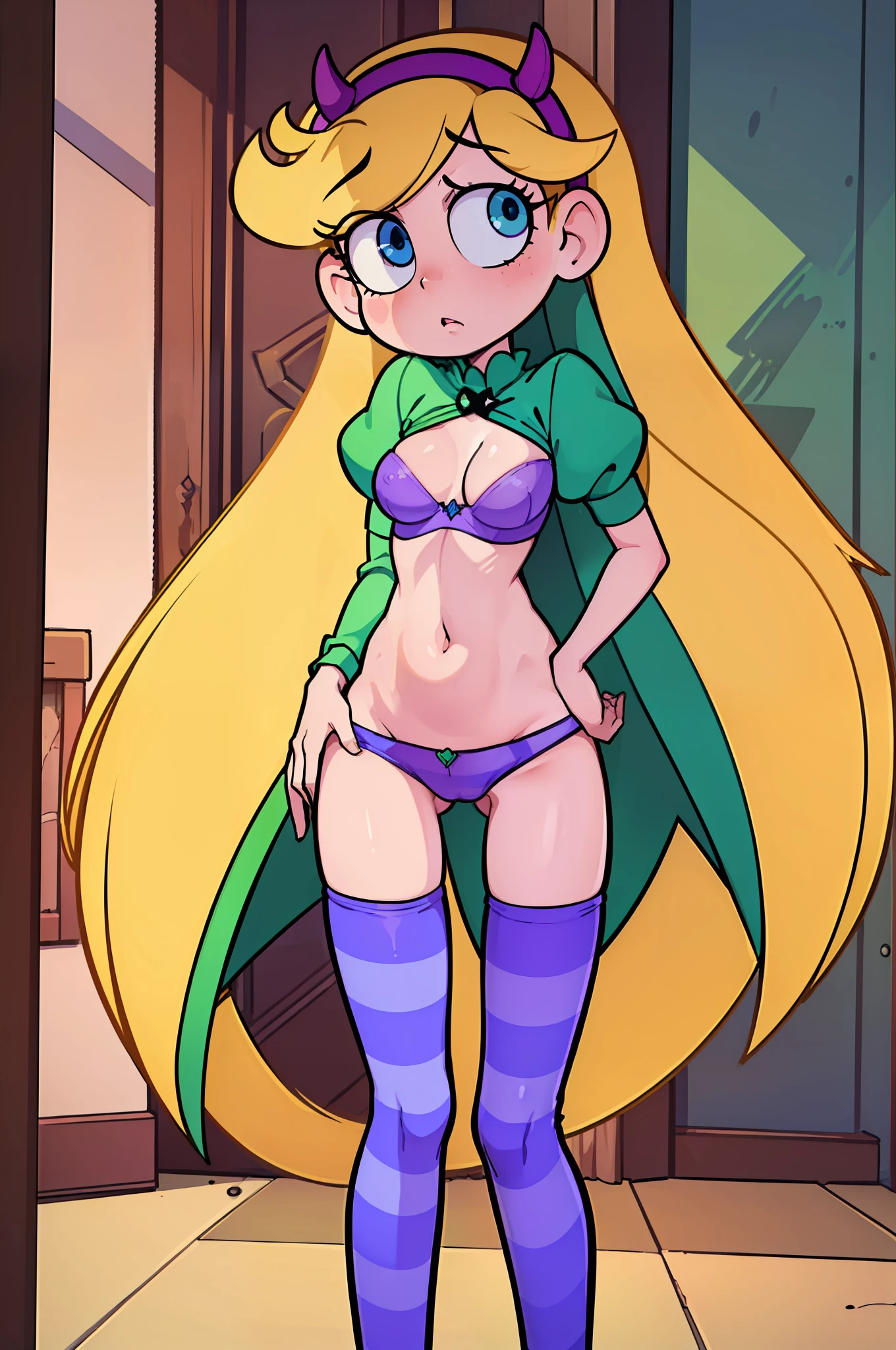 (masterpiece, best quality, high resolution:1.4), 1girl, woman, star butterfly, green spider outfit, horn hairband, look at viewer, in the bedroom, purple striped pantyhose, show a bra, light from above, ((cum on bra: 1.3)), ((embarassed)), ((show crotch: 1.3))