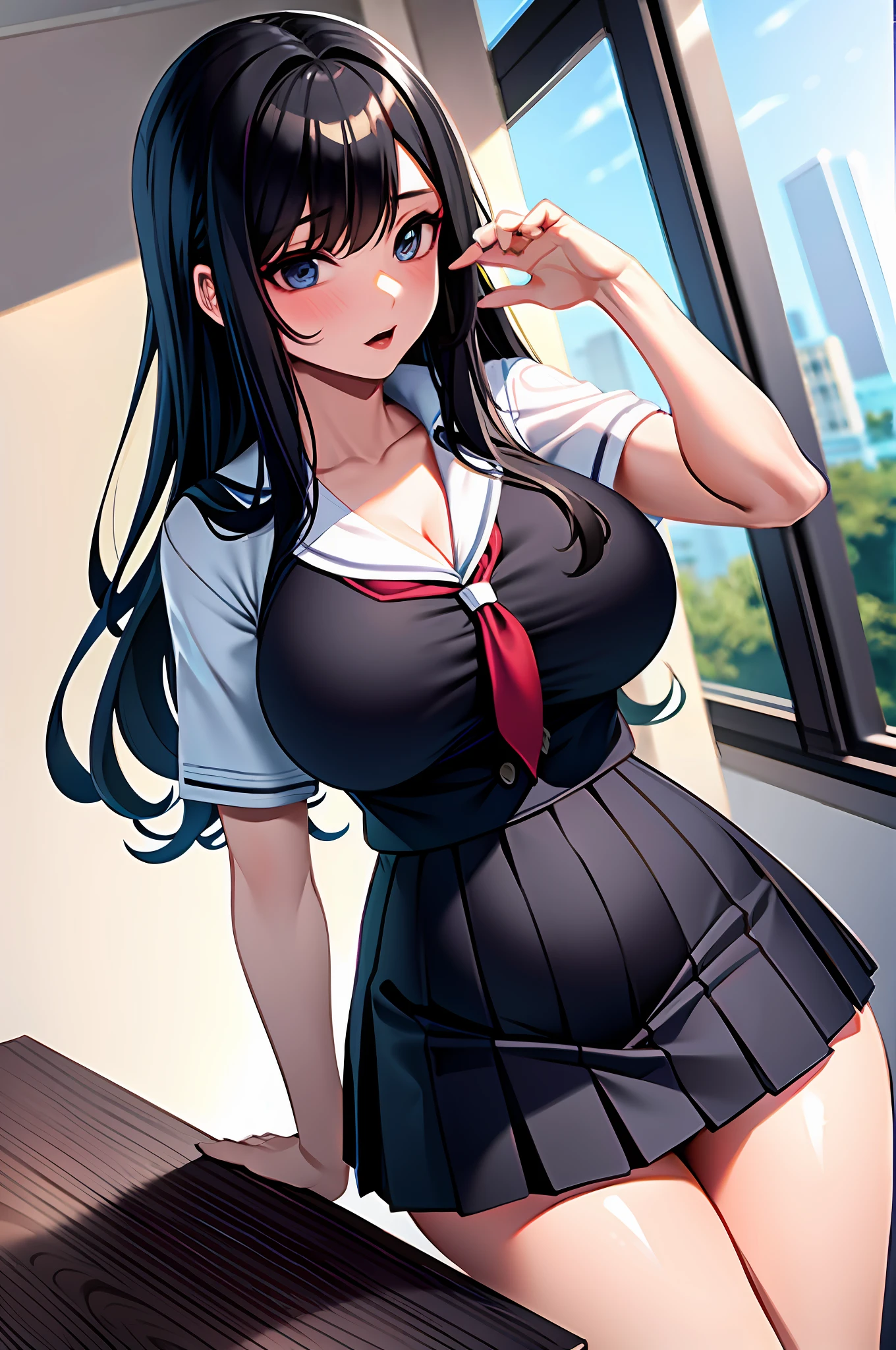 A high school girl wearing a white blouse and green checkered skirt, bare breasts, big breasts, green checkered skirt, untied long black hair, long black hair, twisted eyes, long eyelashes, good style and pretty big breasts, Roll up white underwear and skirt, pose that emphasizes big breasts, naughty big breasts, naughty thighs, naughty anime style, beautiful anime schoolgirl, surreal schoolgirl, surreal schoolgirl, seductive anime girl, realistic schoolgirl, big boobs, naughty anime style, naughty thighs, naughty thighs, smooth anime CG art, surreal school girl, seductive anime girl, realistic school girl, smooth anime CG art, anime girl, beautiful anime school girl, beautiful anime girl, beautiful charming anime teen girl, ecchi anime style, photorealistic rendering of anime girl,