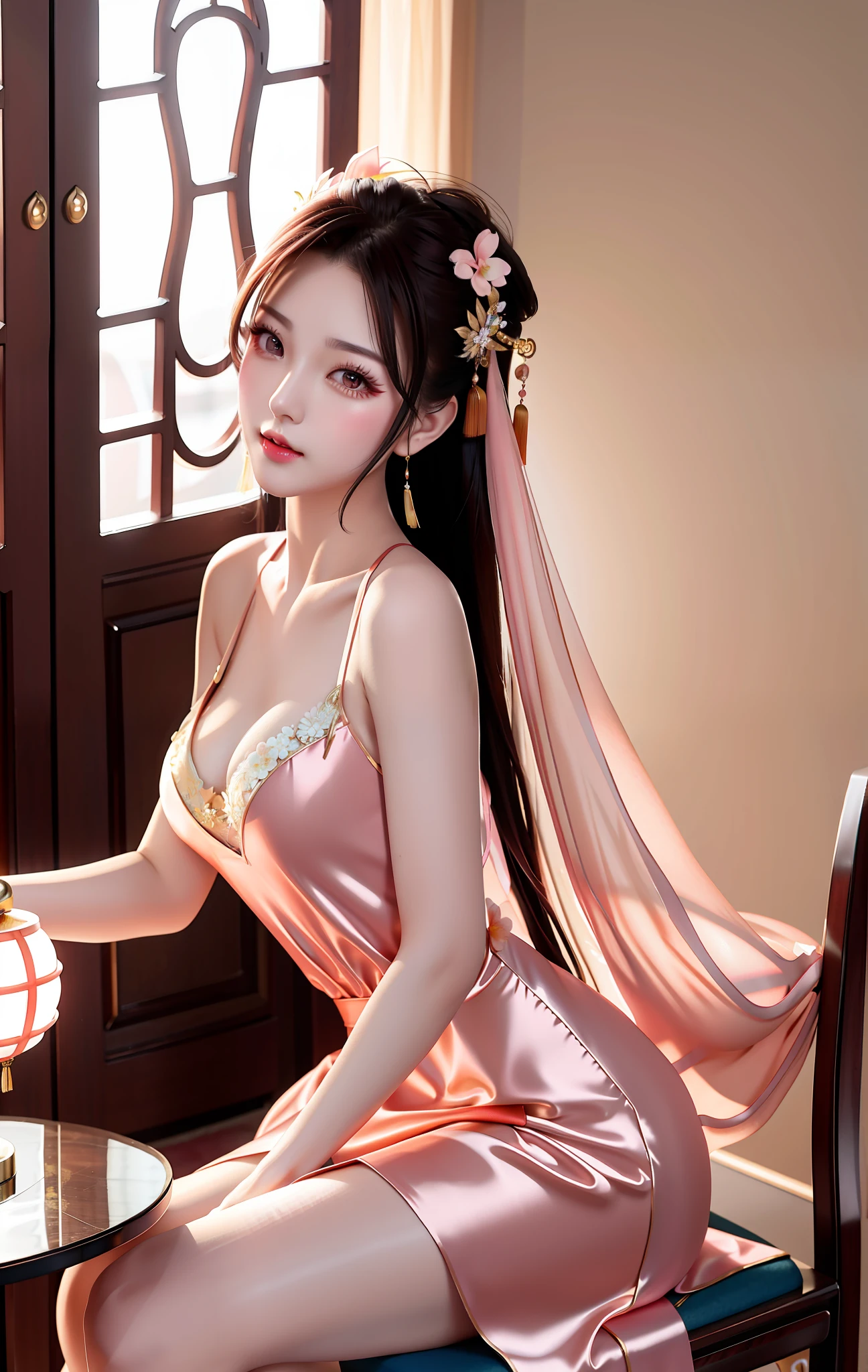Sexy Chinese woman, exquisite and sexy collarbone, charming oval face, double eyelids, peach blossom eyes, pink lips, small nose, bare shoulders, big breasts, deep cleavage, focused face, face close-up, ultra-high-definition, super Details, full body shot, ultra-thin translucent, lying in a chair, legs split, casual sexy pose, extreme imagination, seductive, nude-colored gauze translucent nightgown, ultra-detailed, exposed breasts, ultra-sexy, extreme imagination