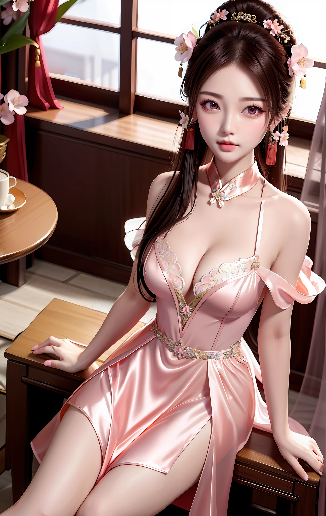 Sexy Chinese woman, exquisite and sexy collarbone, charming oval face, double eyelids, peach blossom eyes, pink lips, small nose, bare shoulders, big breasts, deep cleavage, focused face, face close-up, ultra-high-definition, super Details, full body shot, ultra-thin translucent, lying in a chair, legs split, casual sexy pose, extreme imagination, seductive, nude-colored gauze translucent nightgown, ultra-detailed, exposed breasts, ultra-sexy, extreme imagination