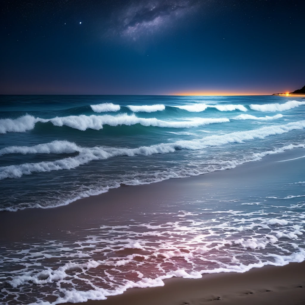 moonlit beach night sky bright primary colors peaceful happy