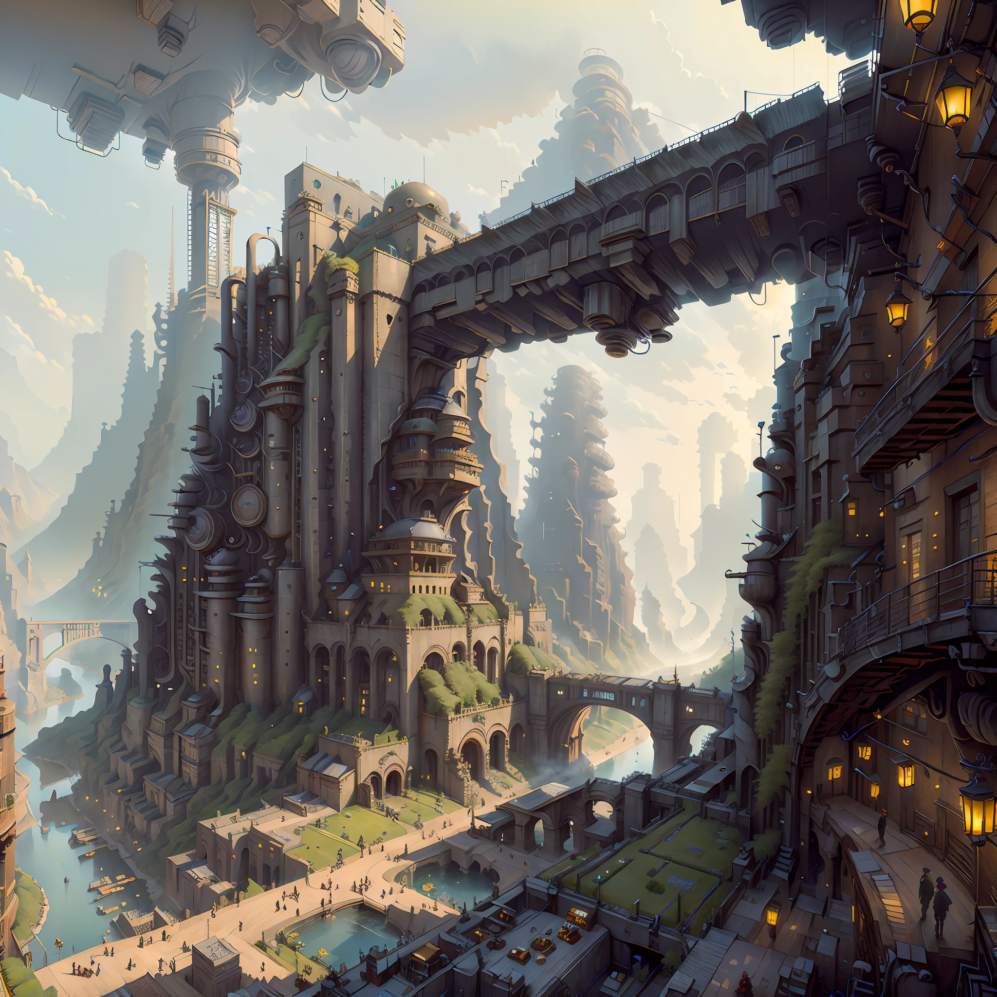 ((masterpiece)),((best quality)),((high detial)),((realistic,)) industrial age cities, bazaars, crowds, huge monsters, full of details, architectural streets, lakes, European buildings, (Bridge: 0.8), building street, rainy day, steampunk, European architecture, deep canyon in the middle, mountains in the distance