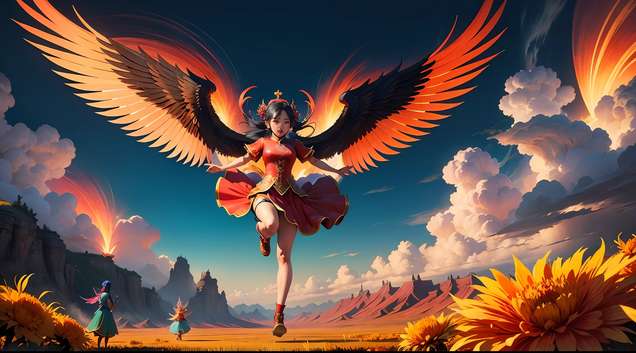 China Xianxia World,
Fairies in gorgeous colored skirts,
At the back is the phoenix spreading its wings, raising its head and opening its mouth.
foreground safflower,
There are many people in red in the distance,
Country style, epic surreal photo in fantastic illustration style, chaotic energy,
Ultra HD images, human anatomy, high resolution,
changelingcoreCharacter concept art, many details, full body view,masterpiece, best quality,