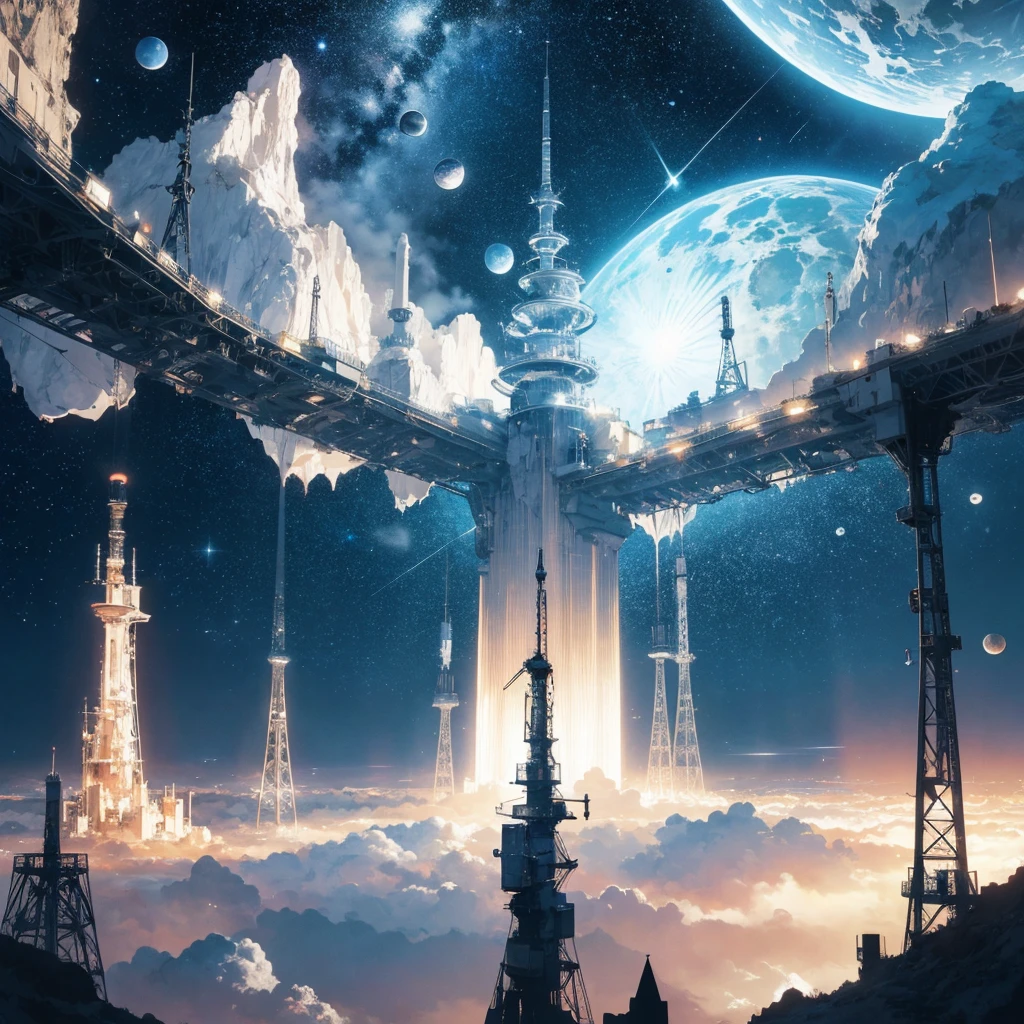 Absurd, High Resolution, Ultra Detailed, Best Quality, Gradient Sky, Analog Photography, Vibrant Colors, Soft Focus, Dark Universe, Dreamy Atmosphere, Experimental Glamour, Blockbuster Colors, Abstract Expressionism, Bold Tone, Emotional Impact, Atmospheric Depth, minimalist approach BREAK, space exploration, celestial bodies, astronomical phenomena, scientific discoveries, otherworldly wonders, landscapes, no people, towers