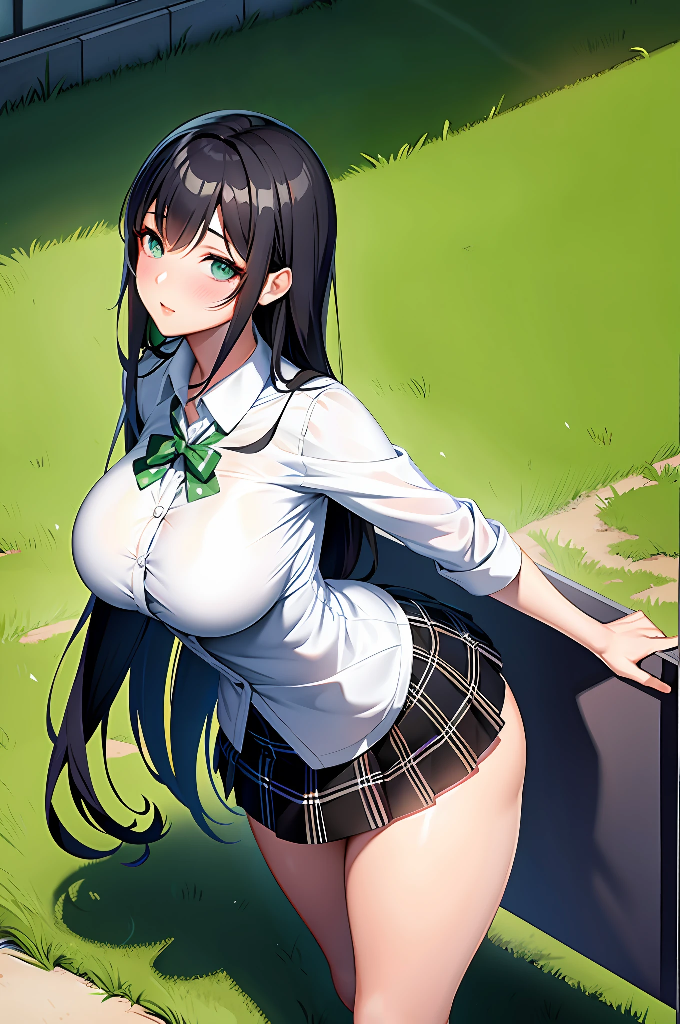 A high school girl wearing a white blouse and green checkered skirt, bare breasts, big breasts, green checkered skirt, untied long black hair, long black hair, twisted eyes, long eyelashes, good style and pretty big breasts, Rolling up white underwear and skirt, poses that emphasize big breasts, seductive poses, naughty big breasts, naughty thighs, naughty anime style, beautiful anime schoolgirl, surreal schoolgirl, surreal schoolgirl, seductive anime girl, realistic school girl, big breasts emphasized, naughty anime style, naughty thighs, naughty thighs, smooth anime cg art, surreal school girl, seductive anime girl, realistic school girl, smooth anime CG art, anime girl, beautiful anime school girl, beautiful anime girl, beautiful charming anime girl, ecchi anime style, photorealistic rendering of anime girl,