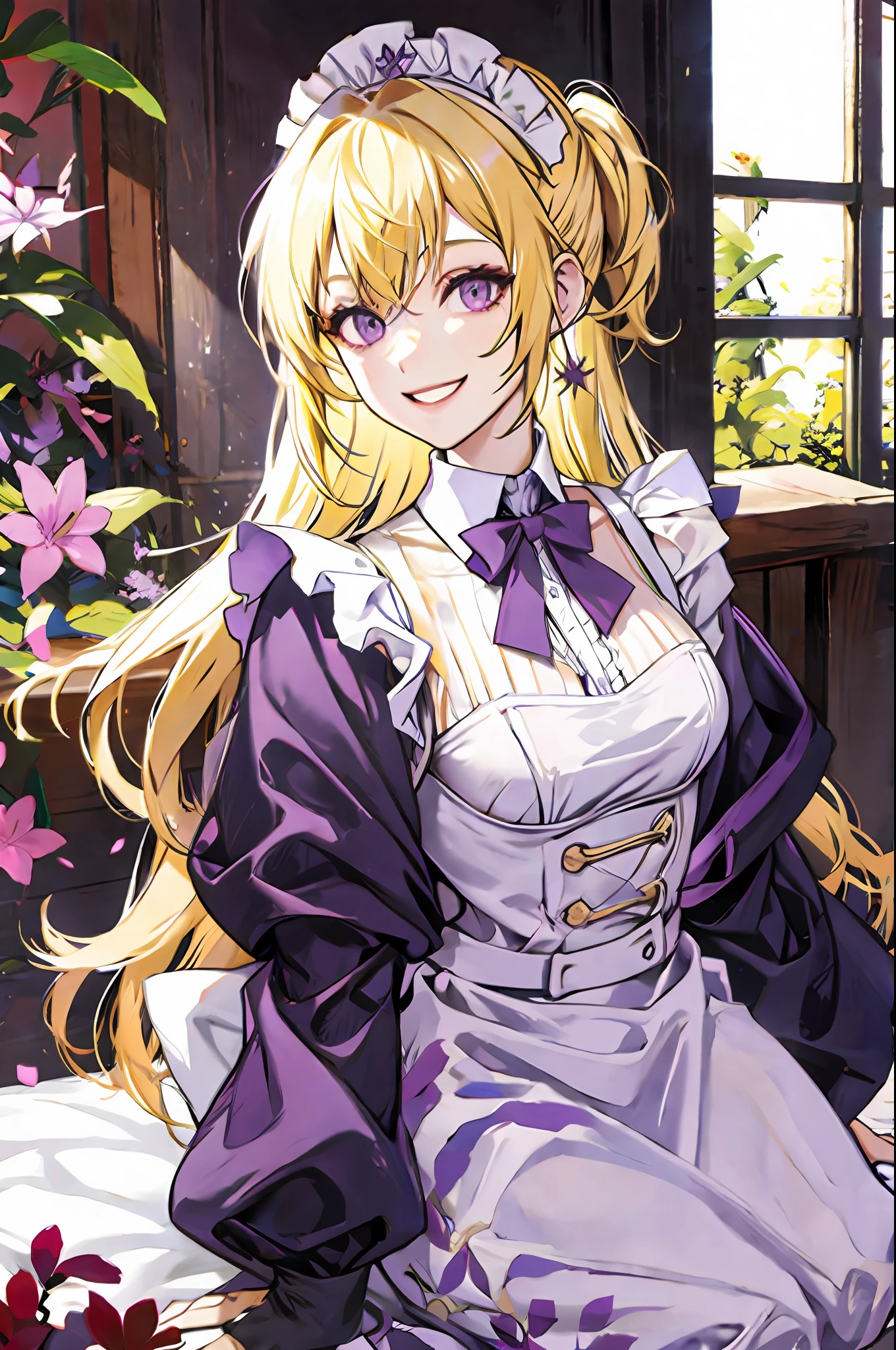 Maid, blonde hair, purple eyes, smiling