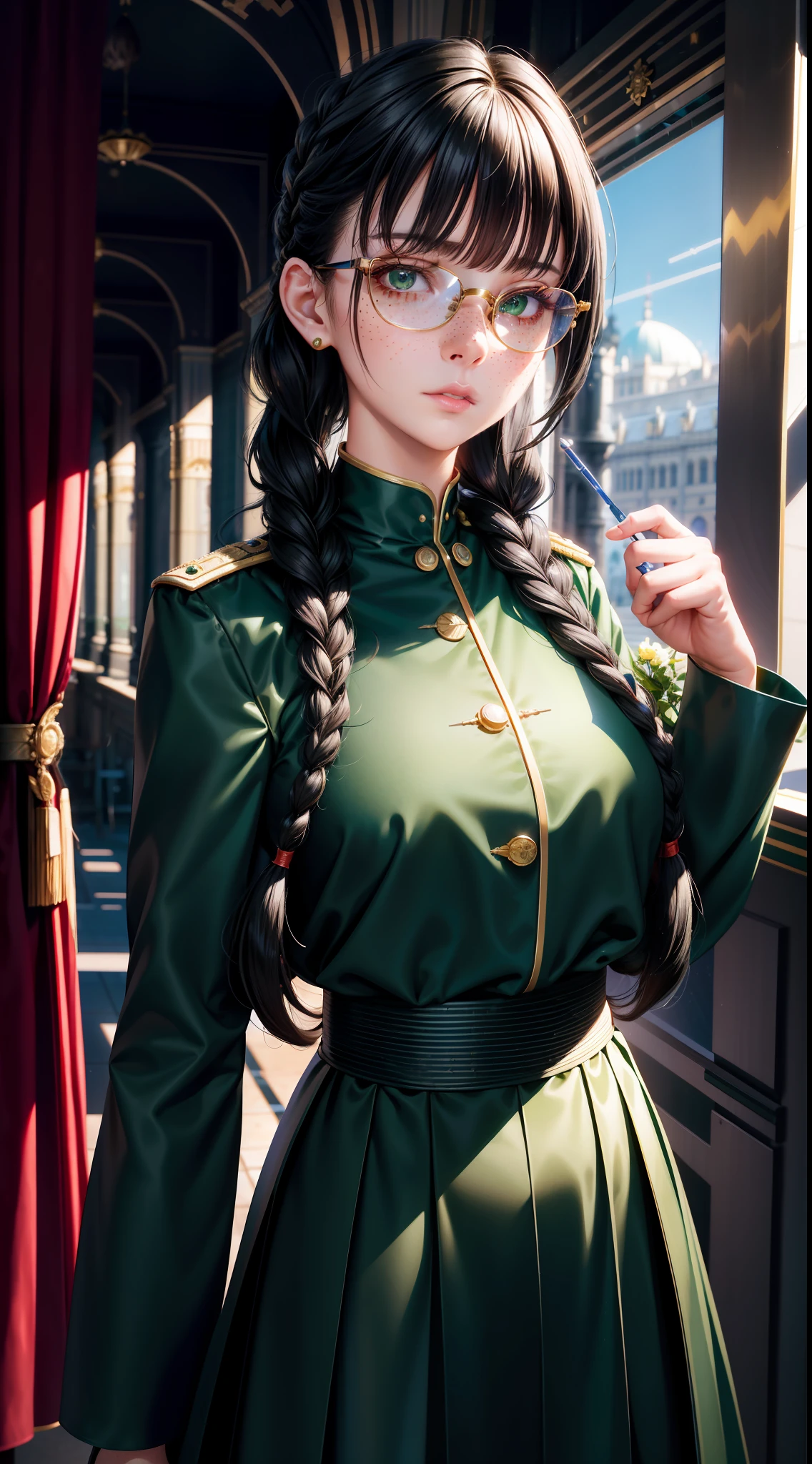 Best Quality, Masterpiece, High Detail, Semi-Realistic, Super Face Resolution, Mature, Feminine, Petite, Black Hair, Double Braid Hairstyle, Bangs, Green Eyes, Red Glasses, Freckles. Long skirt, bureaucratic uniform, ruling class, blue gown coat, expressionless face, future, science fiction, space