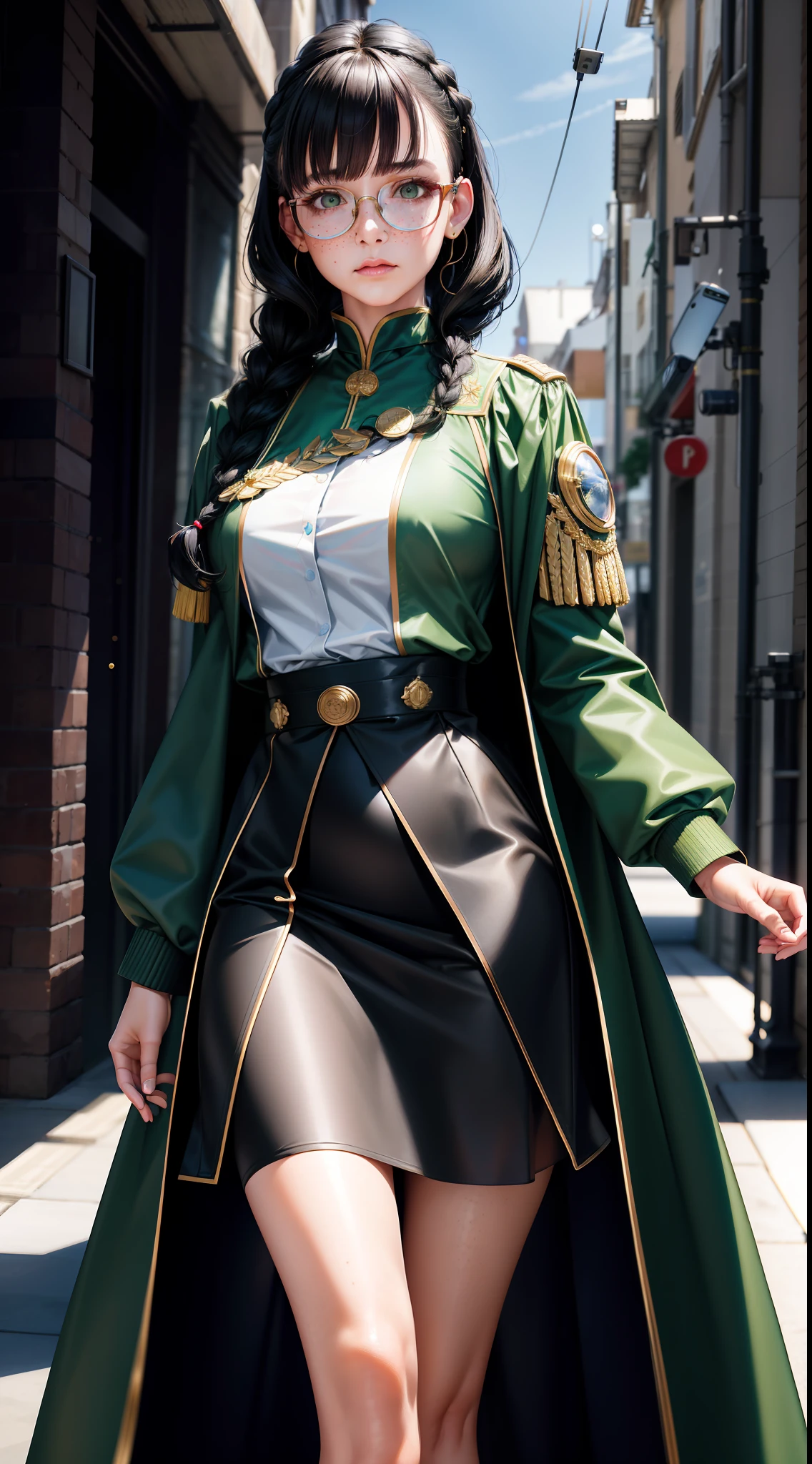 Best Quality, Masterpiece, High Detail, Semi-Realistic, Super Face Resolution, Mature, Feminine, Petite, Black Hair, Double Braid Hairstyle, Bangs, Green Eyes, Red Glasses, Freckles. Long skirt, bureaucratic uniform, ruling class, blue gown coat, expressionless face, future, science fiction, space