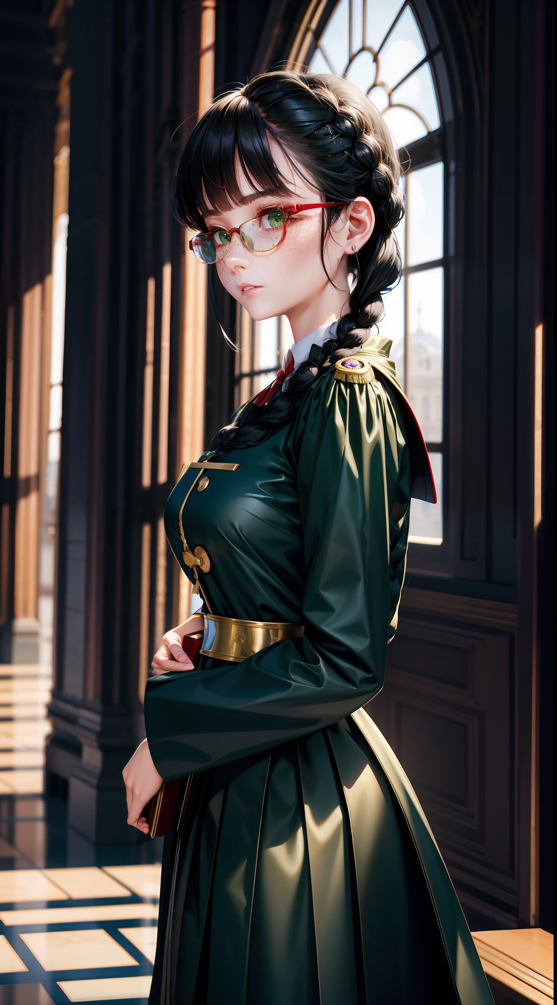Best Quality, Masterpiece, High Detail, Semi-Realistic, Super Face Resolution, Mature, Feminine, Petite, Black Hair, Double Braid Hairstyle, Bangs, Green Eyes, Red Glasses, Freckles. Long skirt, bureaucratic uniform, ruling class, blue gown coat, expressionless face, future, science fiction, space