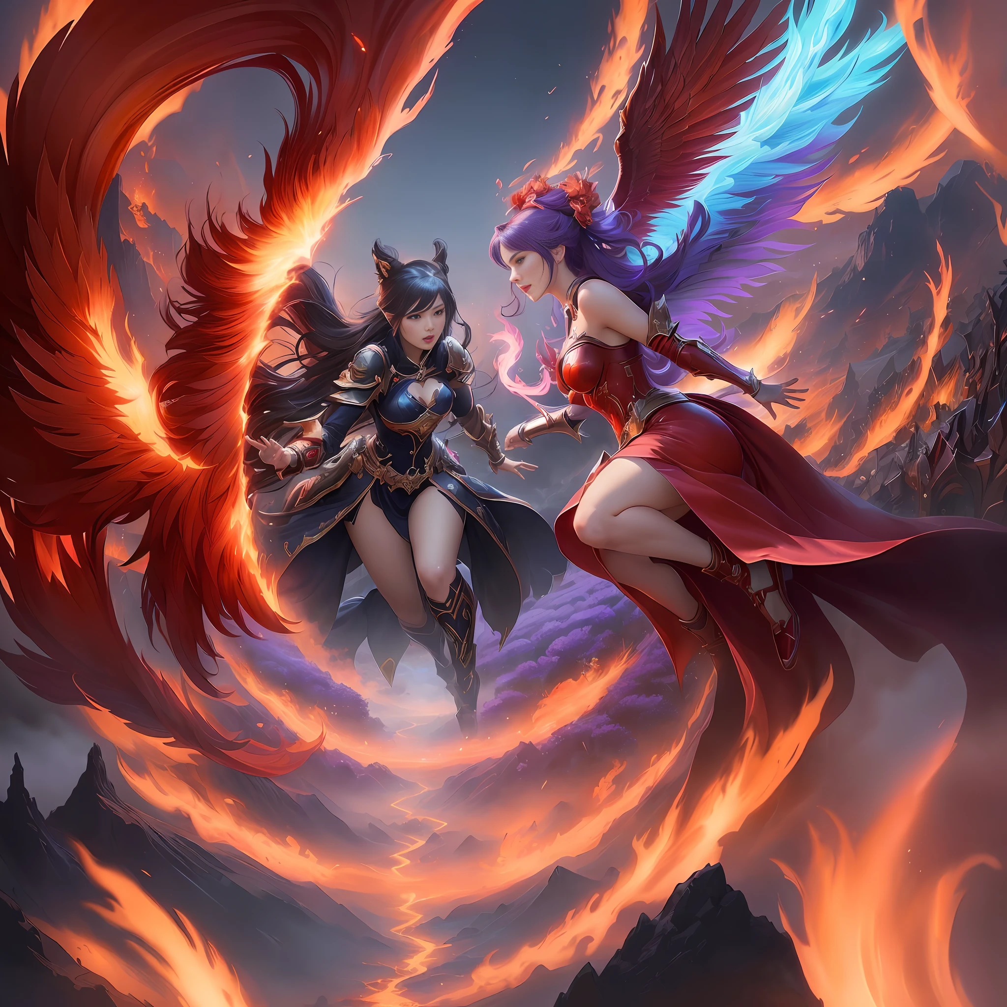 anime - style illustration of two women fighting with fire and flames, league of legend illustration, league of legends style art, 2. 5 d cgi anime fantasy artwork, epic fantasy digital art style, league of legends art, league of legends arcane, artgerm and genzoman, fantasy art behance, league of legends art style, aly fell and artgerm