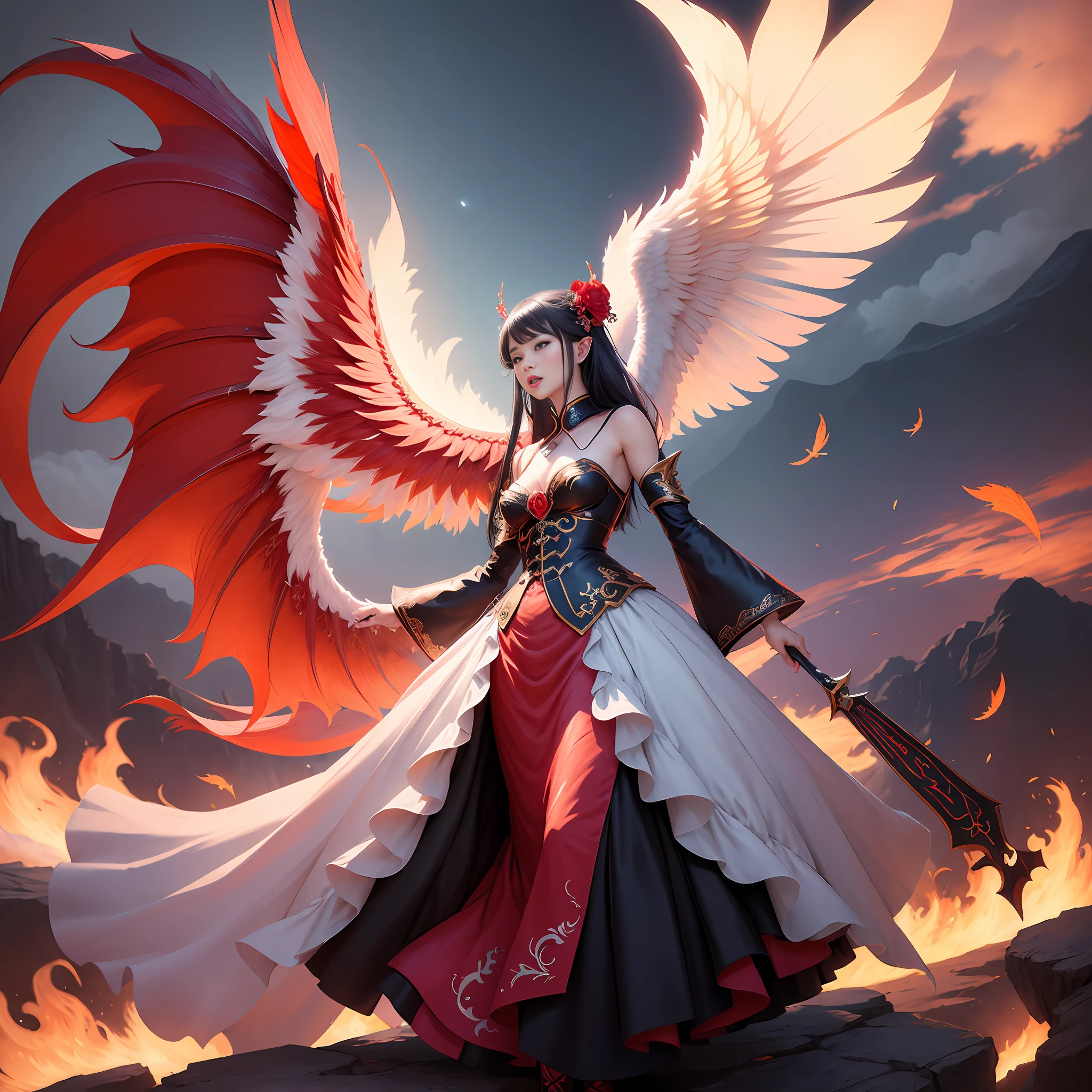 In the Chinese fairy tale world, there are fairies in colorful dresses, flowing ribbons, fluffy, and behind them is a phoenix with wings outstretched and mouth open. Red flowers in the foreground, many people in white clothes in the distance, country style, epic surreal photo in fantasy illustration style, chaotic energy, ultra hd image, human ???????, high resolution, changelingcore character concept illustration, many details, full body view, masterpiece ,best quality