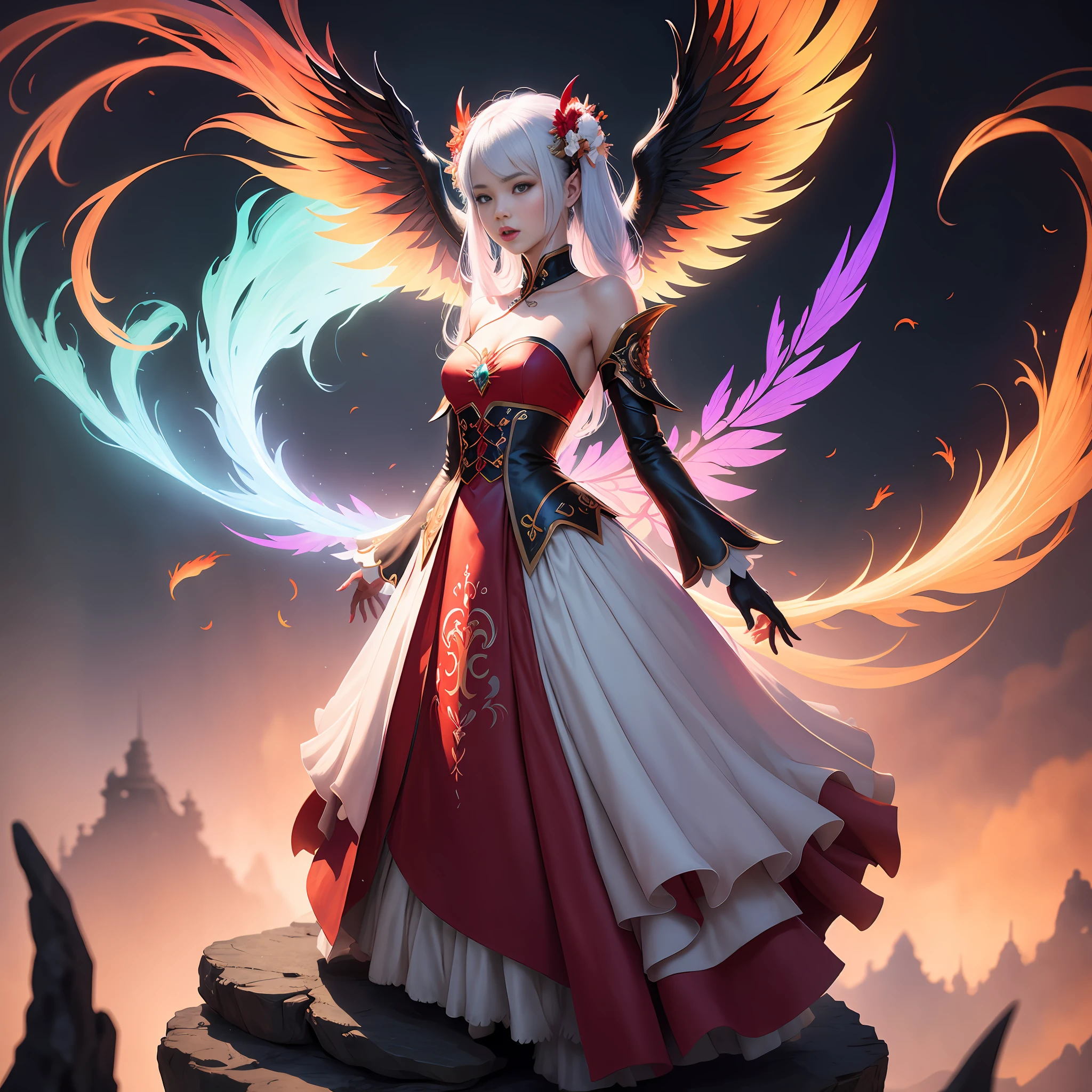 In the Chinese fairy tale world, there are fairies in colorful dresses, flowing ribbons, fluffy, and behind them is a phoenix with wings outstretched and mouth open. Red flowers in the foreground, many people in white clothes in the distance, country style, epic surreal photo in fantasy illustration style, chaotic energy, ultra hd image, human anatomy, high resolution, changelingcore character concept illustration, many details, full body view, masterpiece ,best quality