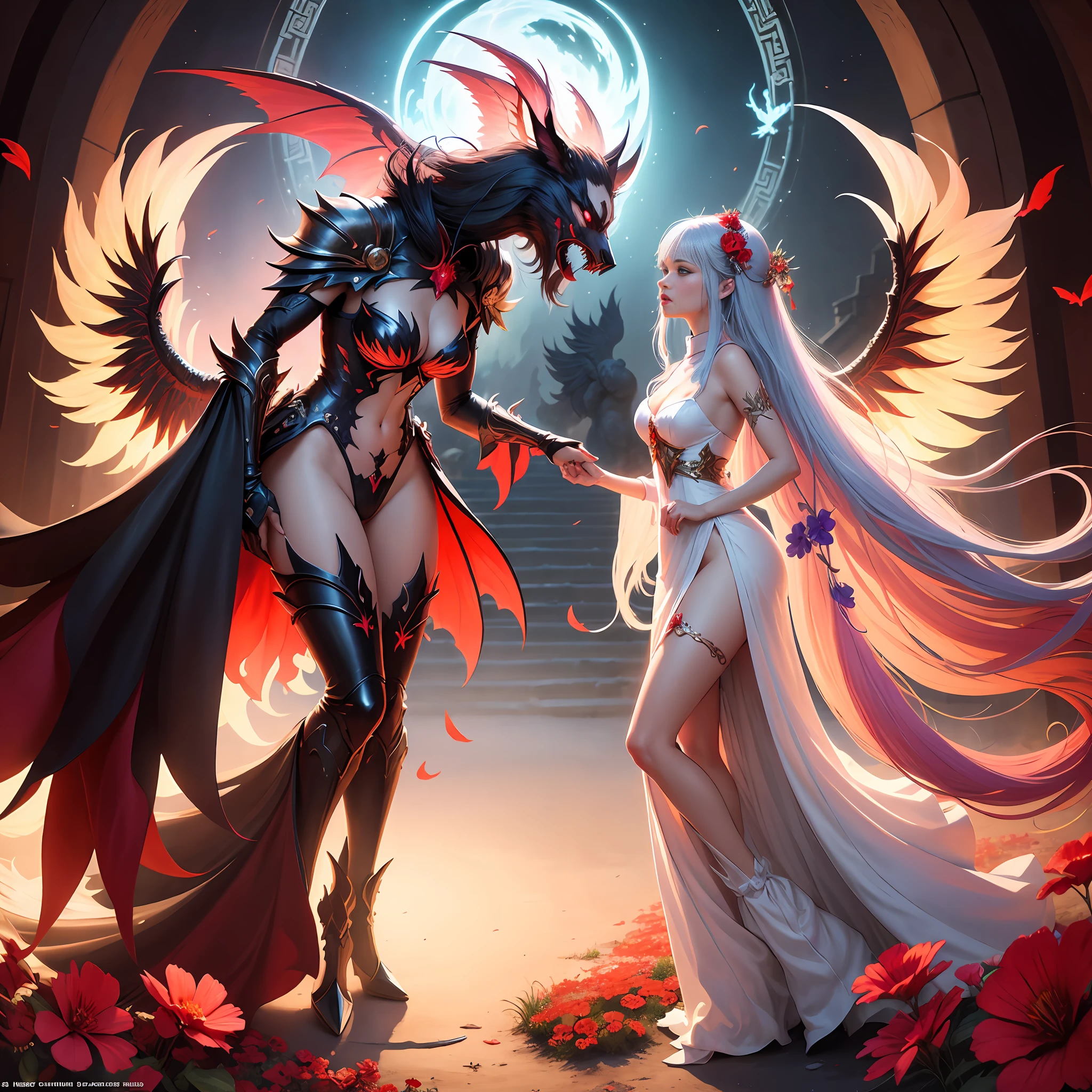In the Chinese fairy tale world, there are fairies in colorful dresses, flowing ribbons, fluffy, and behind them is a phoenix with wings outstretched and mouth open. Red flowers in the foreground, many people in white clothes in the distance, country style, epic surreal photo in fantasy illustration style, chaotic energy, ultra hd image, human anatomy, high resolution, changelingcore character concept illustration, many details, full body view, masterpiece ,best quality