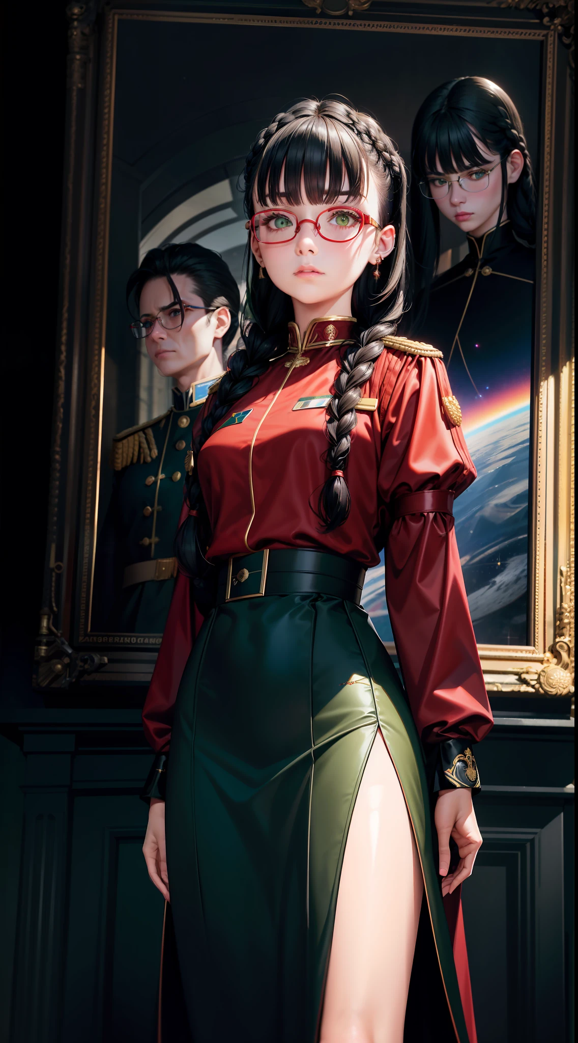 best quality,masterpiece,high detail,semi-realistic,highest face resolution,adult,feminine,small,black hair,double braid hairstyle,bangs,dark green eyes,red glasses, Long skirt, bureaucratic uniform, ruling class, red gown coat, emotionless expression, future, science fiction, space, dictator