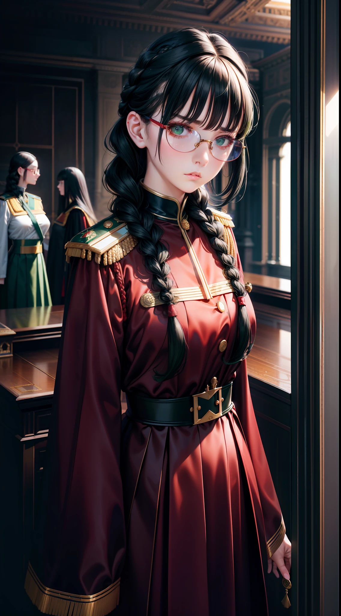 best quality,masterpiece,high detail,semi-realistic,highest face resolution,adult,feminine,small,black hair,double braid hairstyle,bangs,dark green eyes,red glasses, Long skirt, bureaucratic uniform, ruling class, red gown coat, emotionless expression, future, science fiction, space, dictator