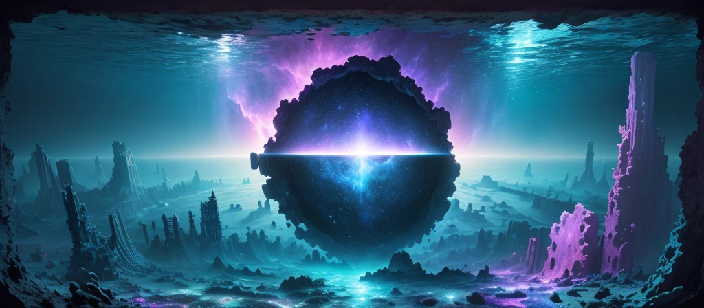 (Masterpiece, best quality, ultra high definition 8k, RAW format photo, Nebula under the sea: 1.3, vast galaxy, mysterious celestial body, deep ocean, beautiful mandala, ruins, underwater wonders, dreamy underwater city, realistic details)