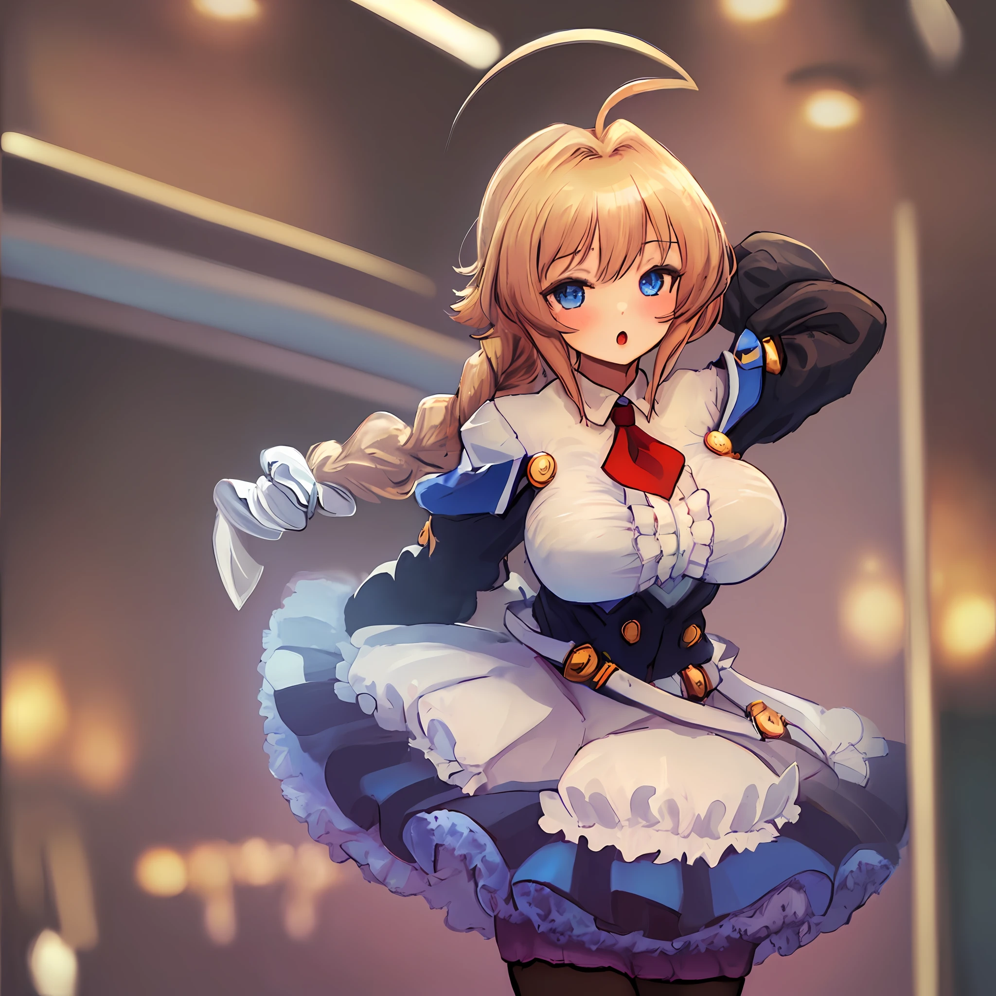 (masterpiece, best quality, high resolution), 1girl, esms, frills, single braid, necktie, dress, center frills, pantyhose, arms above head, pin-up pose, open mouth, looking at viewer, zettai ryouiki, on top of glass, sexy