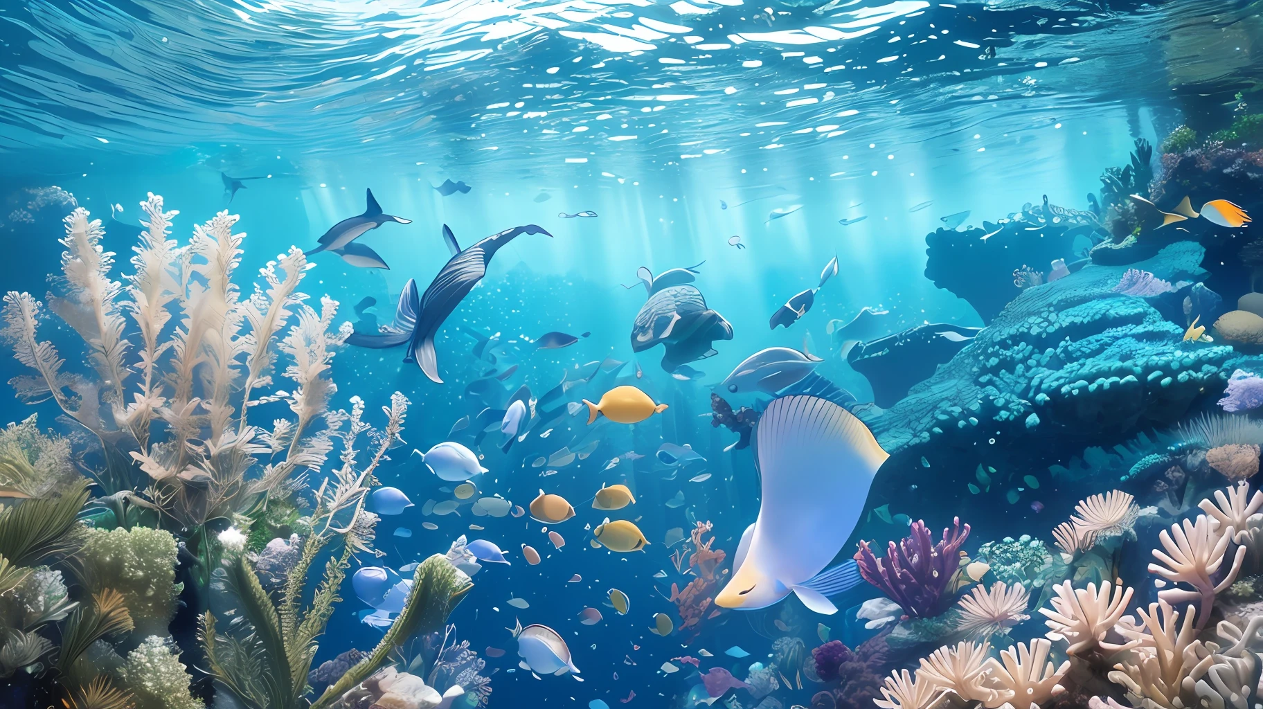 Extremely detailed CG images depicting an underwater world imbued with a sense of peace and tranquility, majestic and awe-inspiring creatures defying gravity among floating plants and creatures, intricately detailed, delicate structures and patterns that require careful observation to appreciate . The sunlight shining through the water creates a mysterious and ethereal glow in which hidden caves and mysterious creatures seem to exist beyond our own realm. (Ocean world full of vitality): unpredictable tones and patterns, wonderful plants and creatures, (clear picture quality and textures), fluorescent colors, charming audiovisual (undersea scenery), marine life and benthic plants walk through it , people can&#39;t help but be intoxicated. --v 6