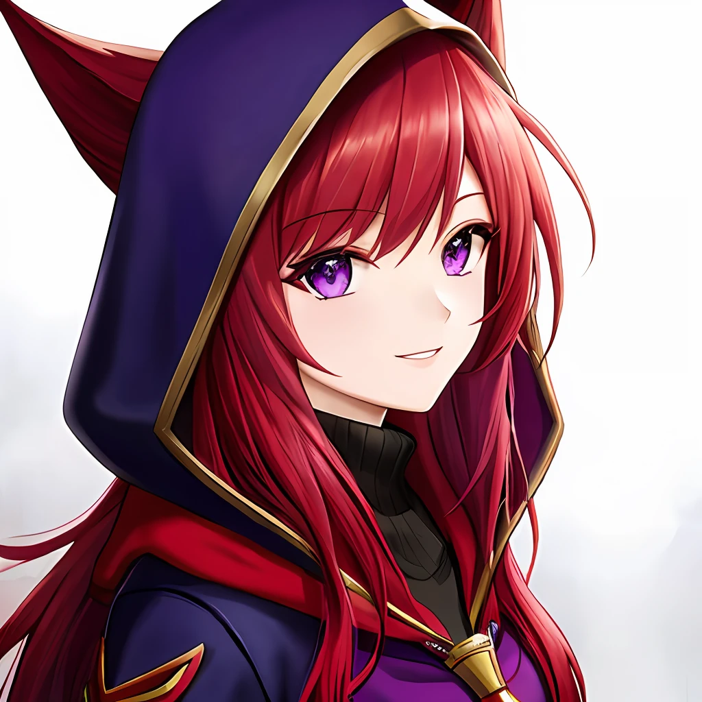 red hair, girl, purple eyes, league of legends, xayah, face portrait, medium hair, solo focus, full dressed, smile, Hood