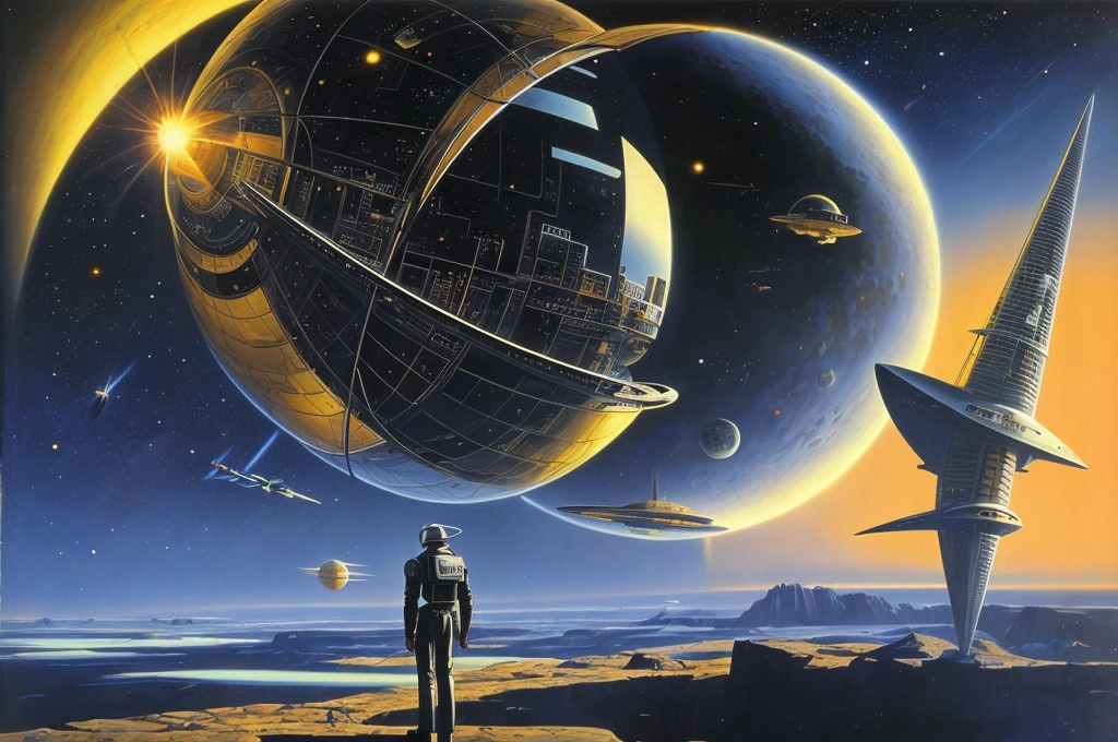 a man, hyperrealism, Ed Emshwiller, scifi, a storybook illustration, retrofuturism