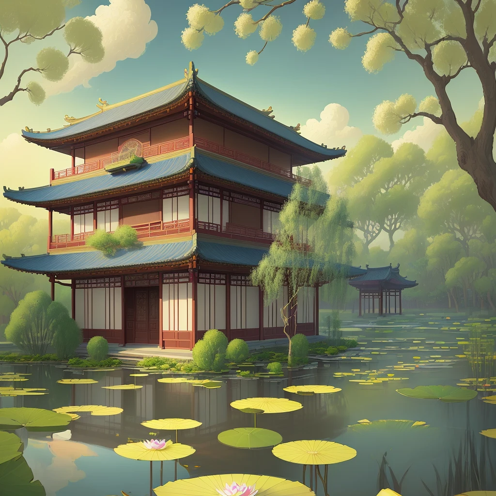 Art Nouveau and Delicate style painting, Chinese landscape architecture, summer landscape, lotus pond with 1 willow tree next to the lotus pond, willow branches swaying in the wind, breeze, clouds, fantasy, vibrant colors, gradient fluorescent colors such as Painting, intricate details, fine textures, smooth lines, Ni Chuanjing style, bright light,