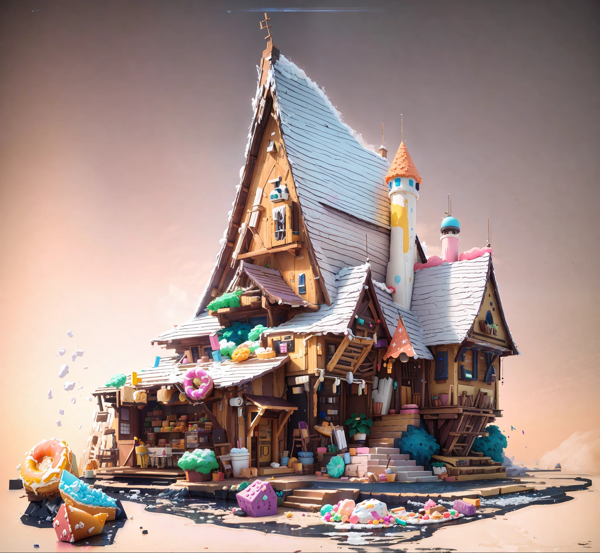 Donuts, ice cream, colorful candies, cream, chocolate, biscuits, a cartoon house made of various desserts, 3D rendering, very high definition, high detail, 8k, film lighting, super high resolution, game asset masterpiece, best quality ,toon,pixar style,simple design,mini sence,animal crossing,1building,3d,clean,Eggplant and Coral,