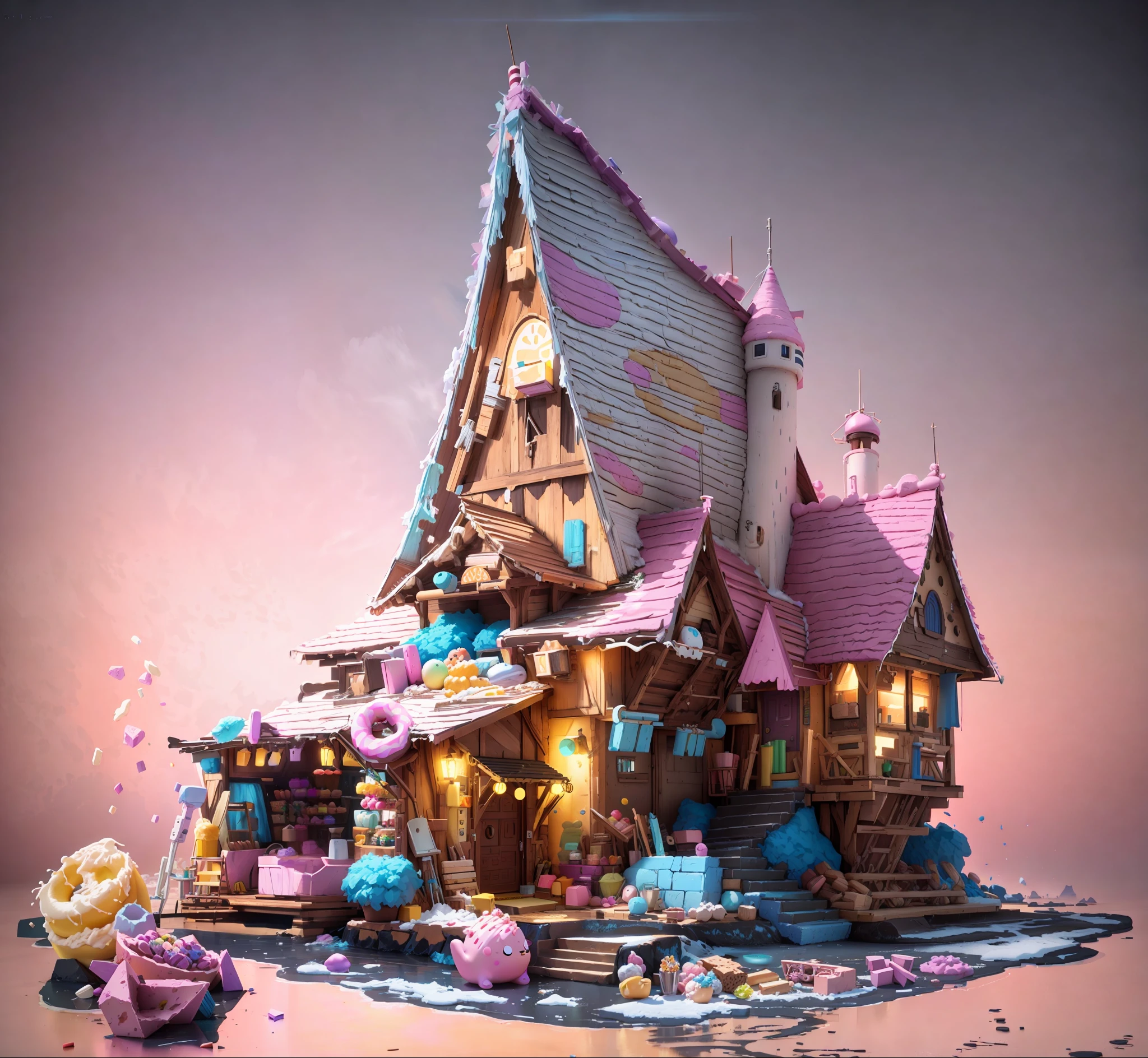 Donuts, ice cream, colorful candies, cream, chocolate, biscuits, a cartoon house made of various desserts, 3D rendering, very high definition, high detail, 8k, film lighting, super high resolution, game asset masterpiece, best quality ,toon,pixar style,simple design,mini sence,animal crossing,1building,3d,clean,Eggplant and Coral,
