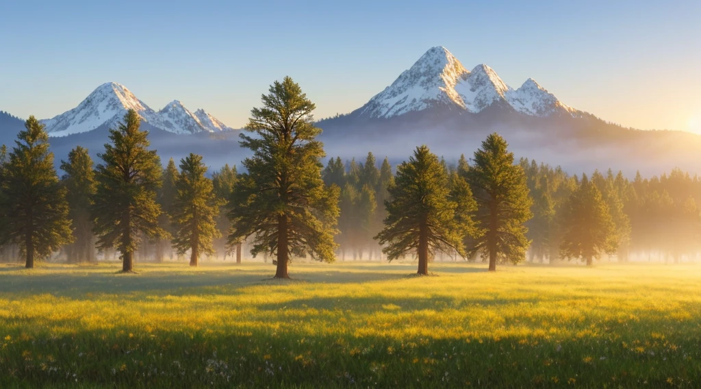 Imagine a vast and ancient forest, with towering trees that stretch up towards the sky. The forest is shrouded in mist, and the ground is covered in a soft blanket of dewy grass. In the distance, you can see the faint outline of a mountain range, with snow-capped peaks that glisten in the early morning light.