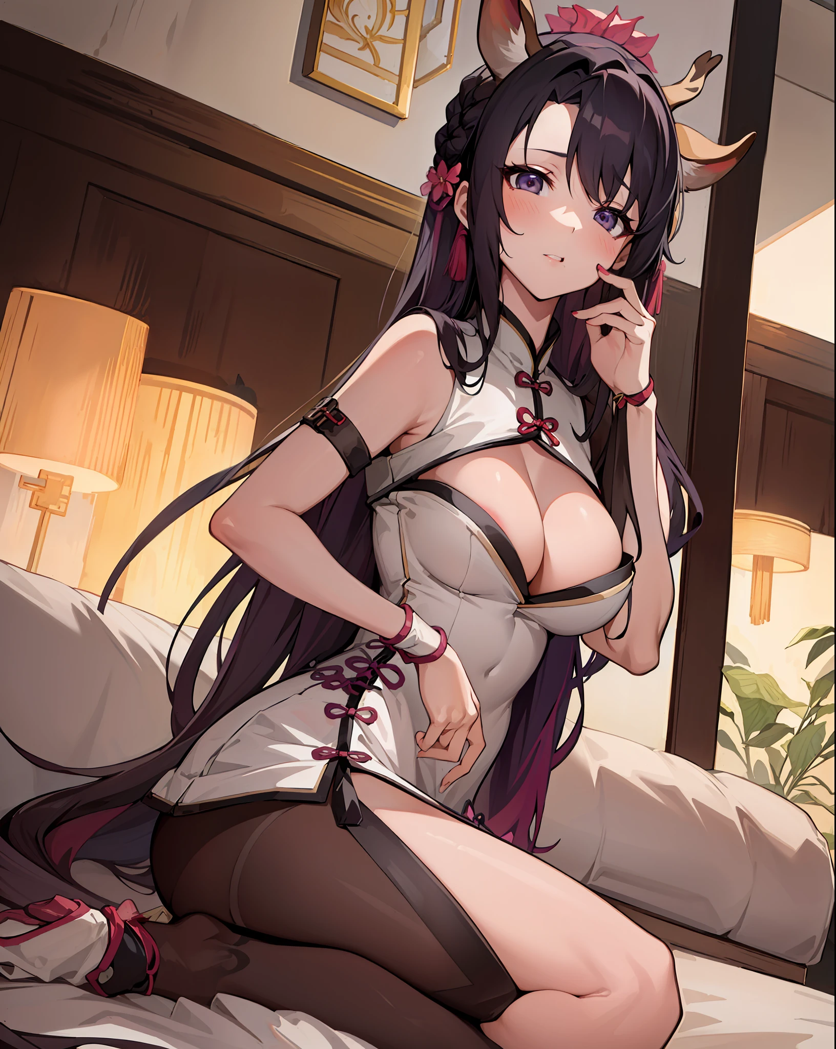 Masterpiece, Best Quality, Deer Girl, LuongMS, Cleavage Cutout, (Hentai, nsfw), Dress, Leaning Over
