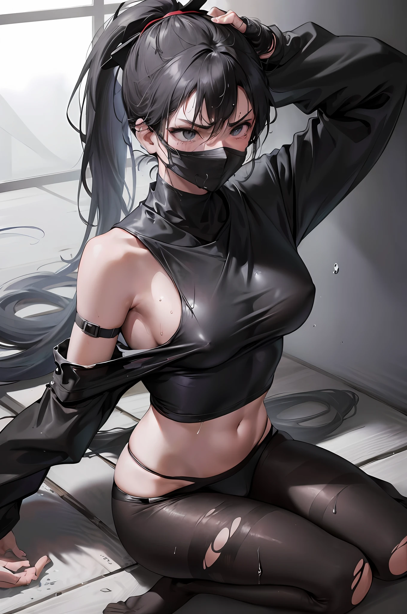 Prisoner of war, ninja, ponytail, black mask, medium breasts, torn clothes, white underwear, Japanese-style room, restraint, angry, rope, wet with cloudy liquid, wet with saliva, wet crotch, wet thighs, Watery eyes, shy, lying down, excited