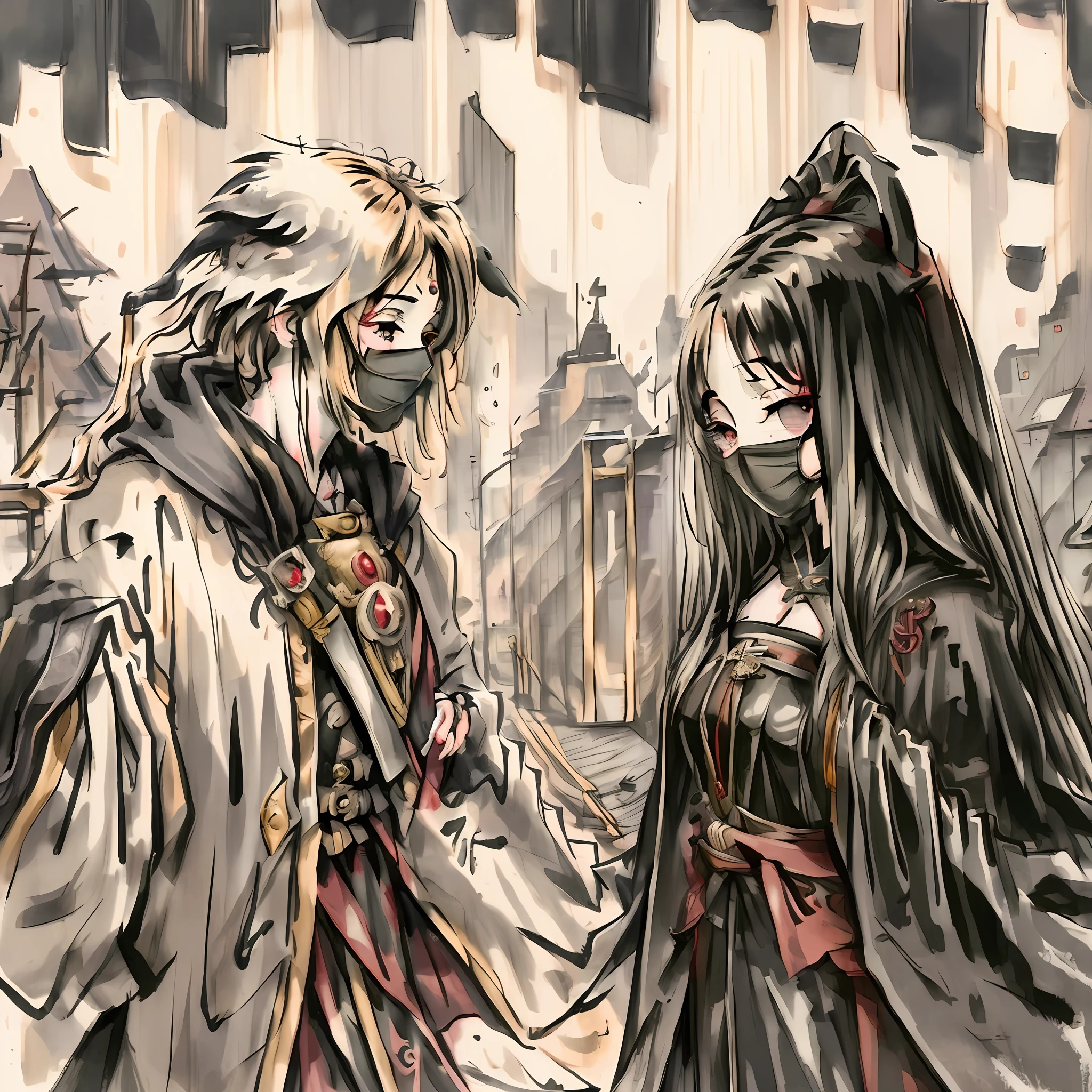 (masterpiece, best illustration, vintage) middle ages, beak mask, black robe, city background, doctor