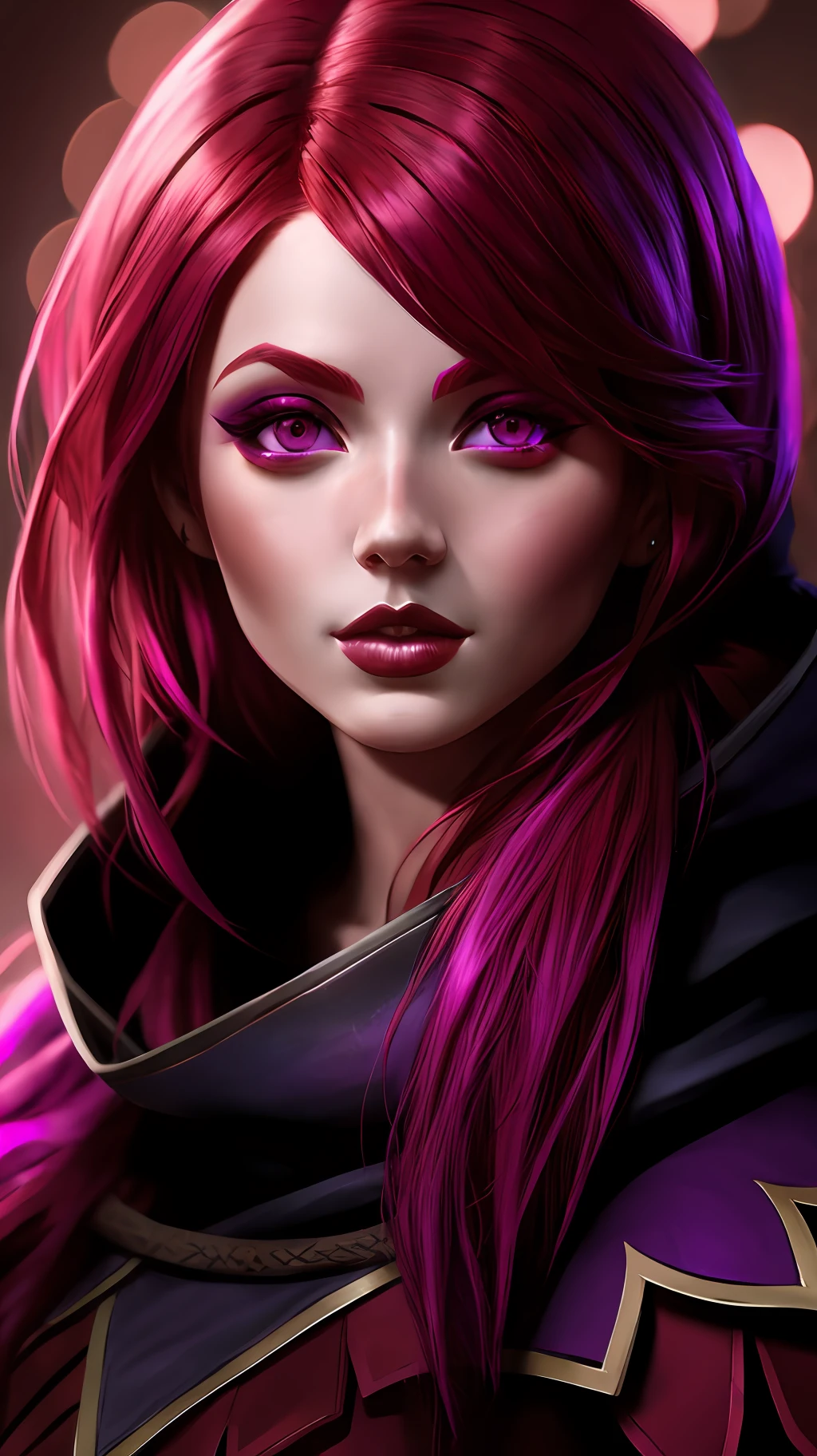 red hair, 1girl, purple eyes, league of legends, xayah, face portrait, medium hair, solo focus, full dressed, Hood, realistic