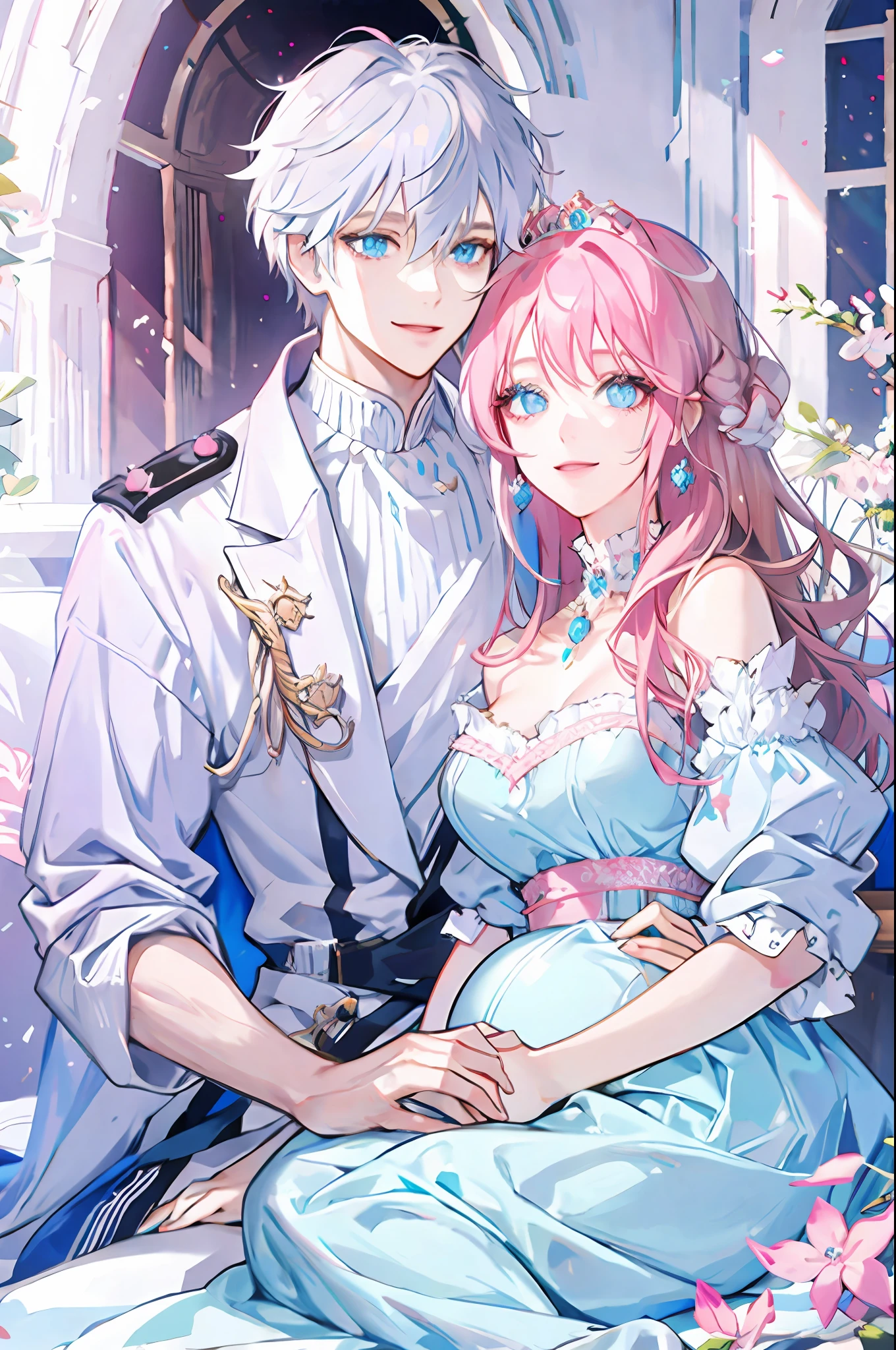 Pink-haired woman, light blue eyes, pregnant, white dress, smiling, detailed face, high quality, royalty, nobility, princess