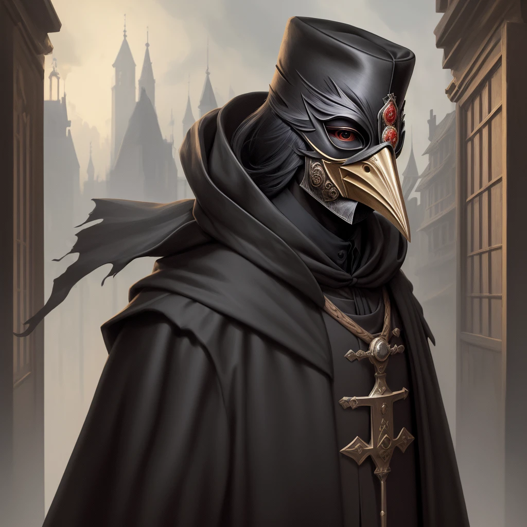 (masterpiece, best illustration,) medieval, beak mask, black robe, city background, doctor, masked, one person, clear, fine motor, wearing hat, eyes with lenses