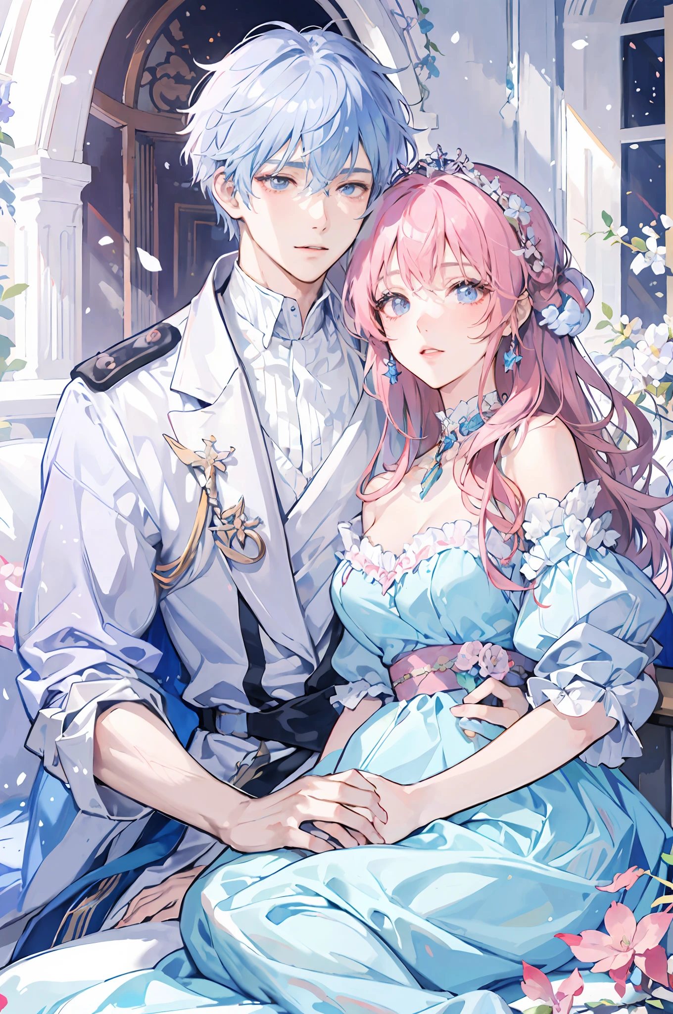 anime couple in blue dress sitting on bench with flowers, sakimichan and frank franzzeta, guweiz, frank franzzeta and sakimichan, nixeu and sakimichan, delicate androgynous prince, # rococo, official fanart, sakimichan frank franzzeta, pixiv, knight and princess