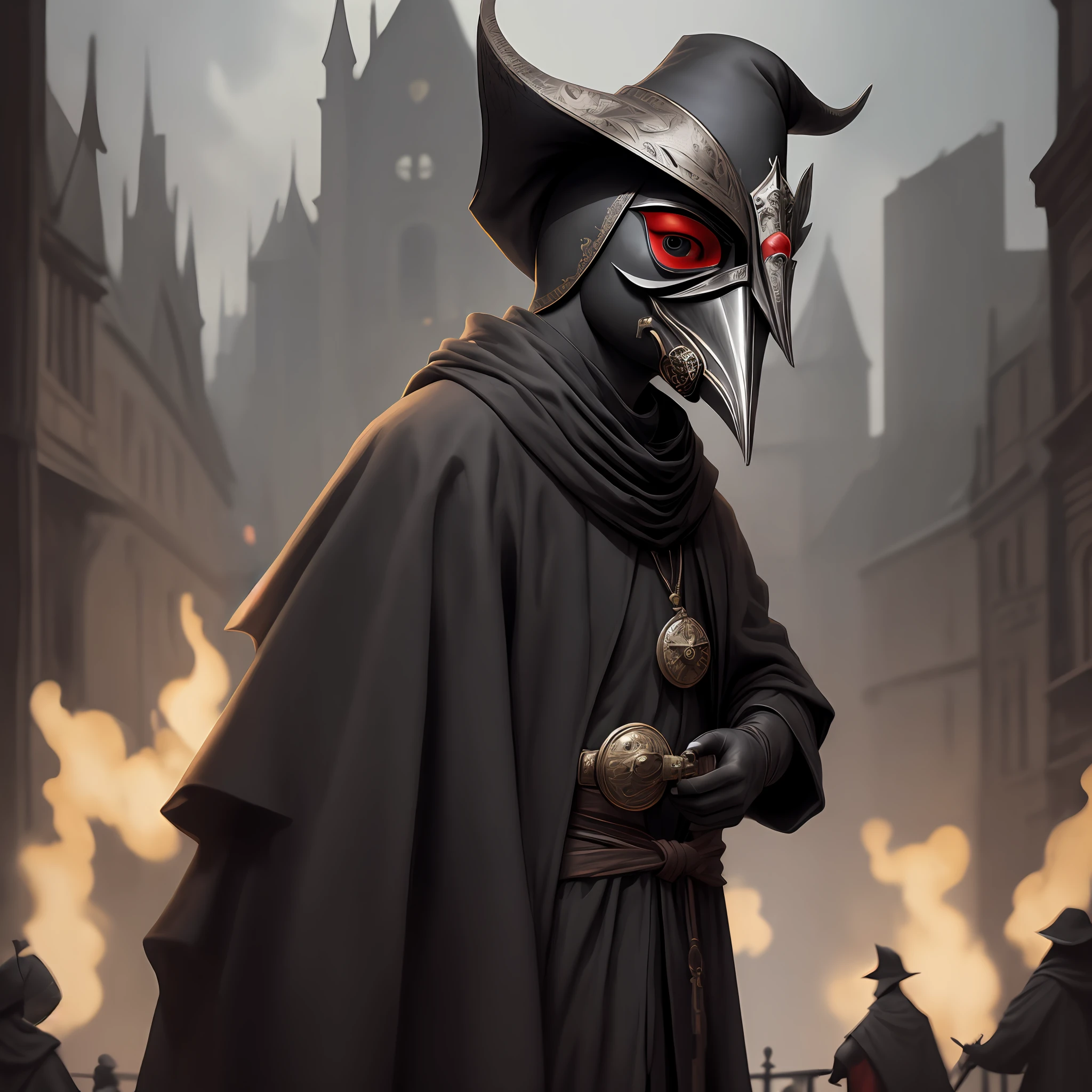 (masterpiece, best illustration,) medieval, beak mask, black robe, city background, doctor, masked, one person, clear, fine motor, wearing hat, eyes with lenses