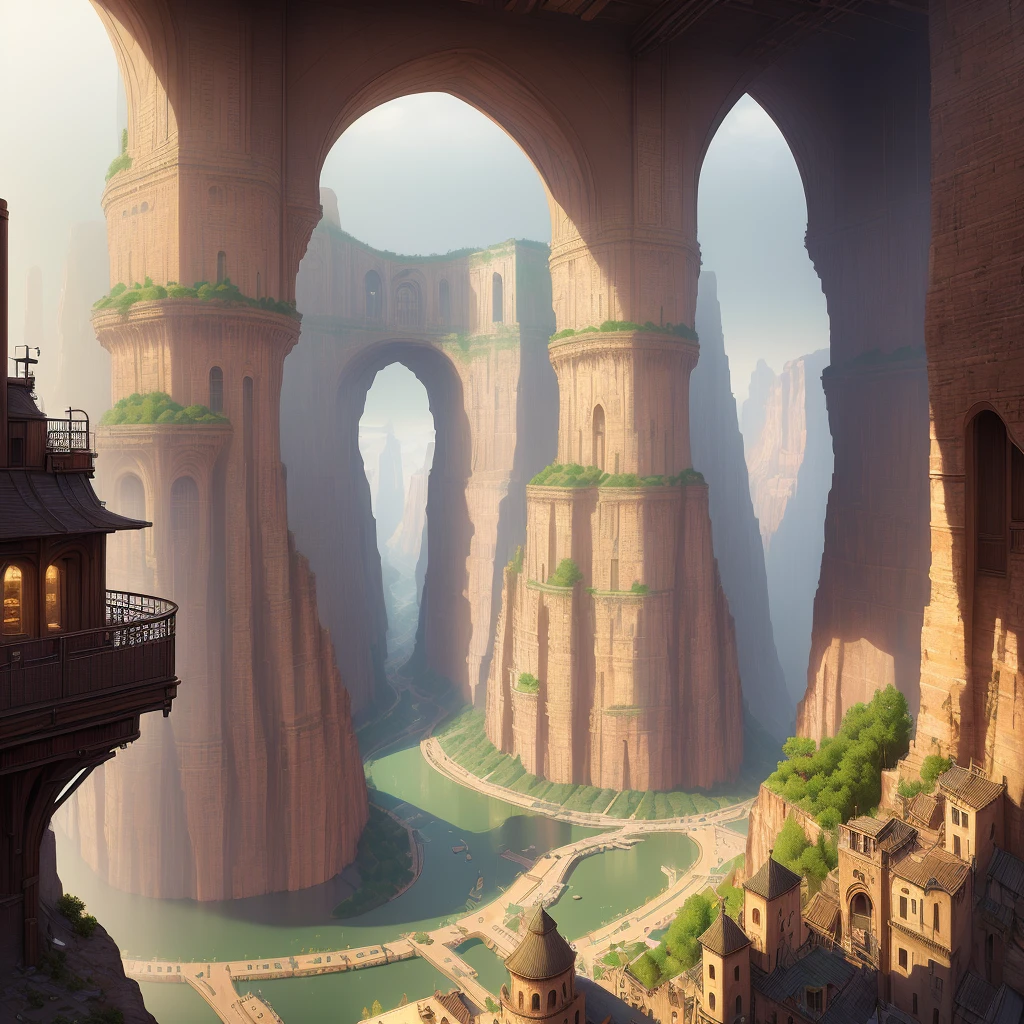 ((masterpiece)),((best quality)),((high detial)),((realistic,))
Industrial age city, deep canyons in the middle, architectural streets, bazaars, Bridges, rainy days, steampunk, European architecture