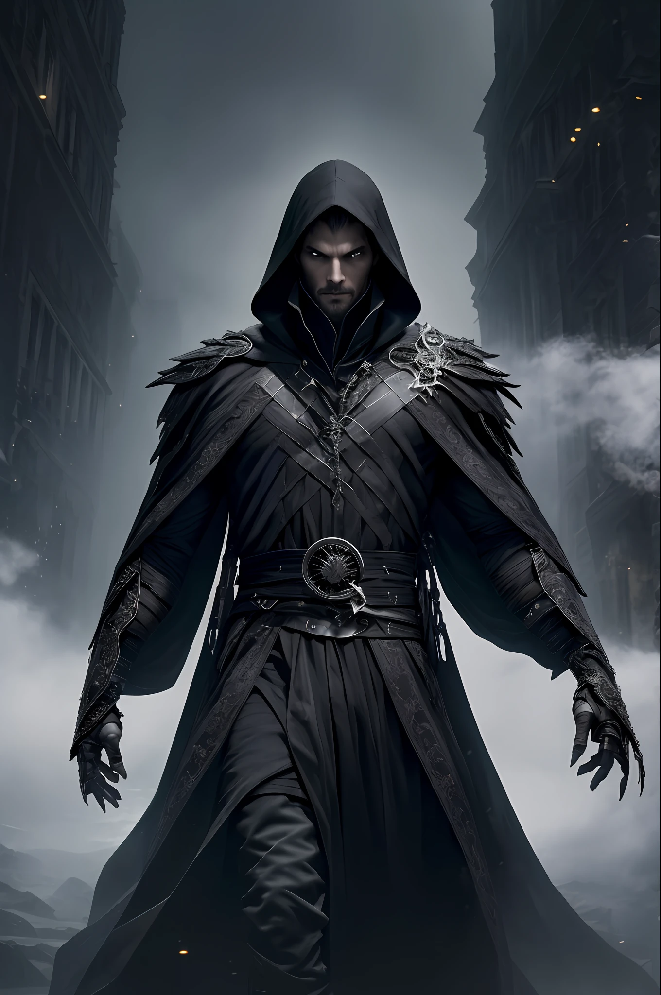 (very detailed 8k wallpaper), medium shot of a male warlock, intricate, high detail, dramatic, with a black figure looming through gray fog behind him, with a dark cloak hood showing his face