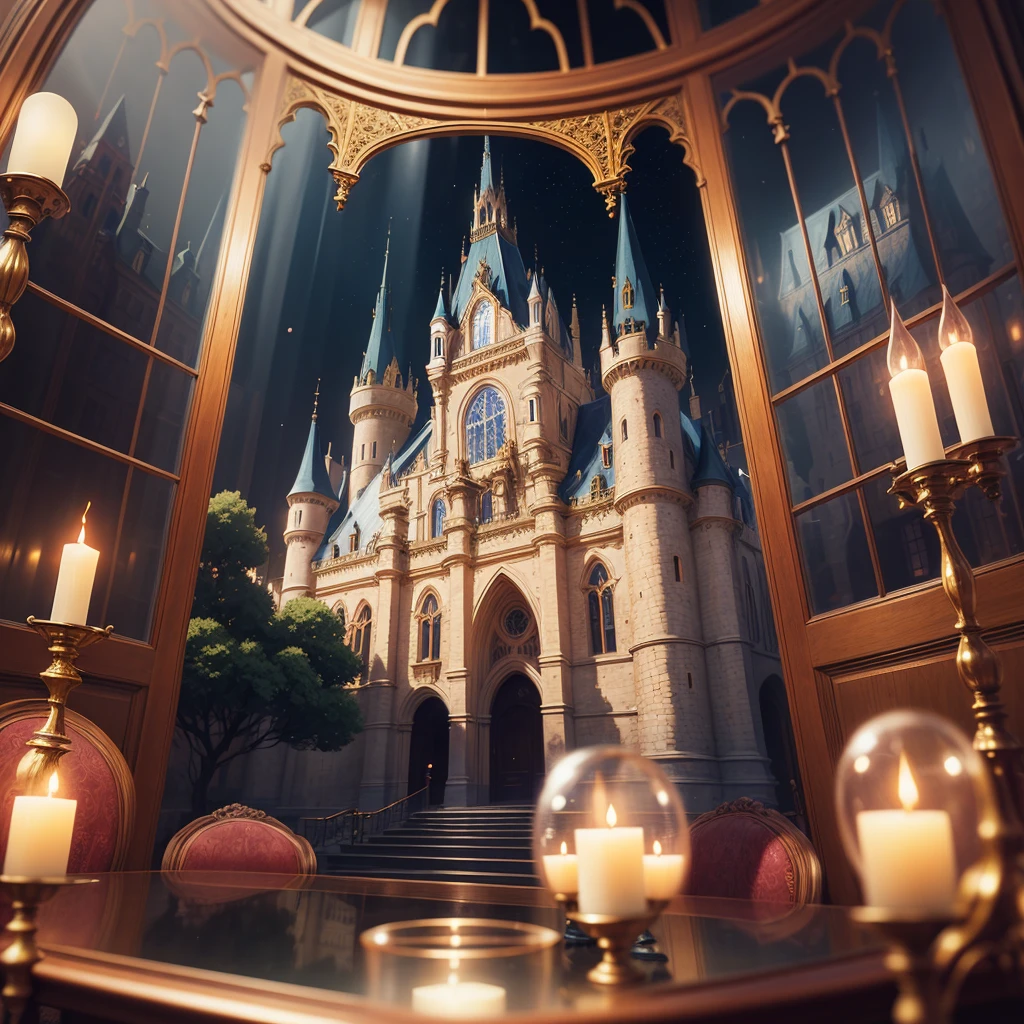Best quality, masterpiece, very detailed, detailed background, anime, interior, night, castle, europe, vintage, landscape, landscape, panorama, solo, closeup, depth of field, bokeh, atmospheric lighting, mega structure, glass dome