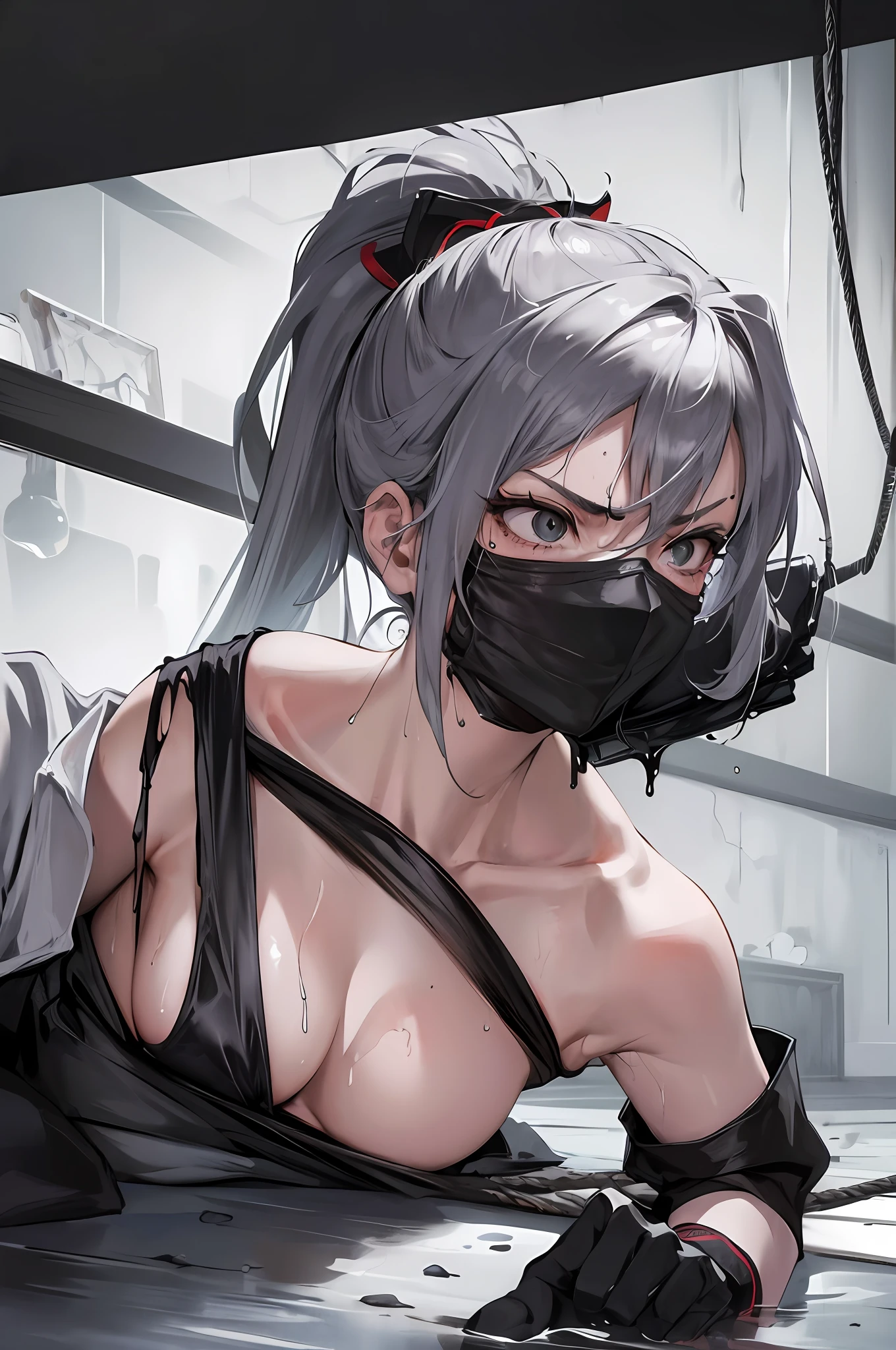 Prisoner of war, ninja, ponytail, black mask, medium breasts, torn clothes, white underwear, Japanese-style room, restraint, angry, rope, wet with cloudy liquid, wet with saliva, wet crotch, wet thighs, Watery eyes, shy, lying down, excited